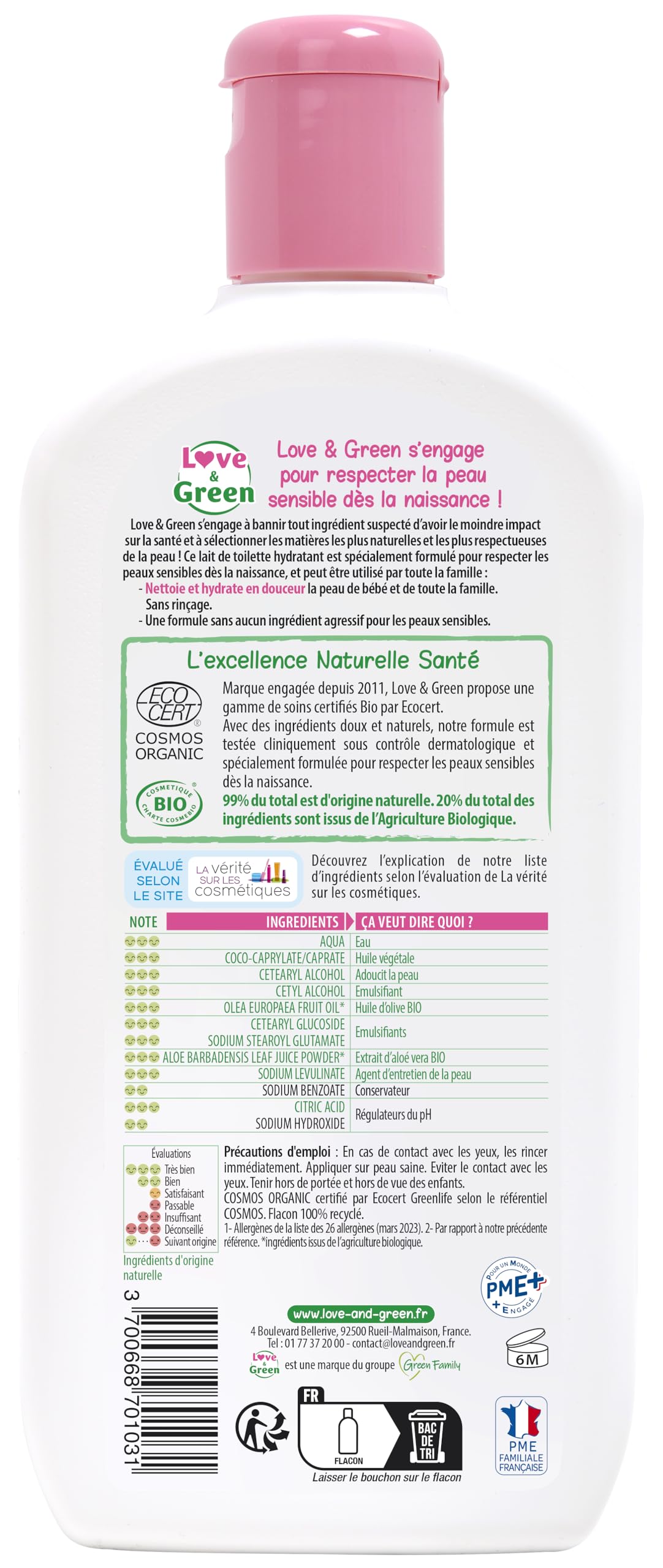 Love & Green - Lait de Toilette Hydratant Bio 0% 500 ml - Fabriqué en France