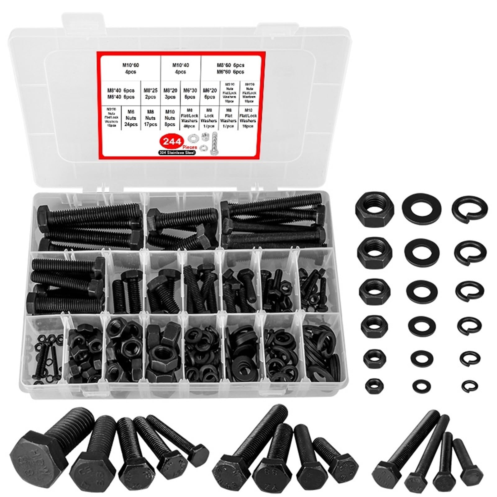 244 Uds M3 M4 M5 M6 M8 M10 Kit surtido de pernos y tuercas negros tornillos de cabeza hexagonal plana métrica de acero al carbono pernos arandelas de junta de bloqueo