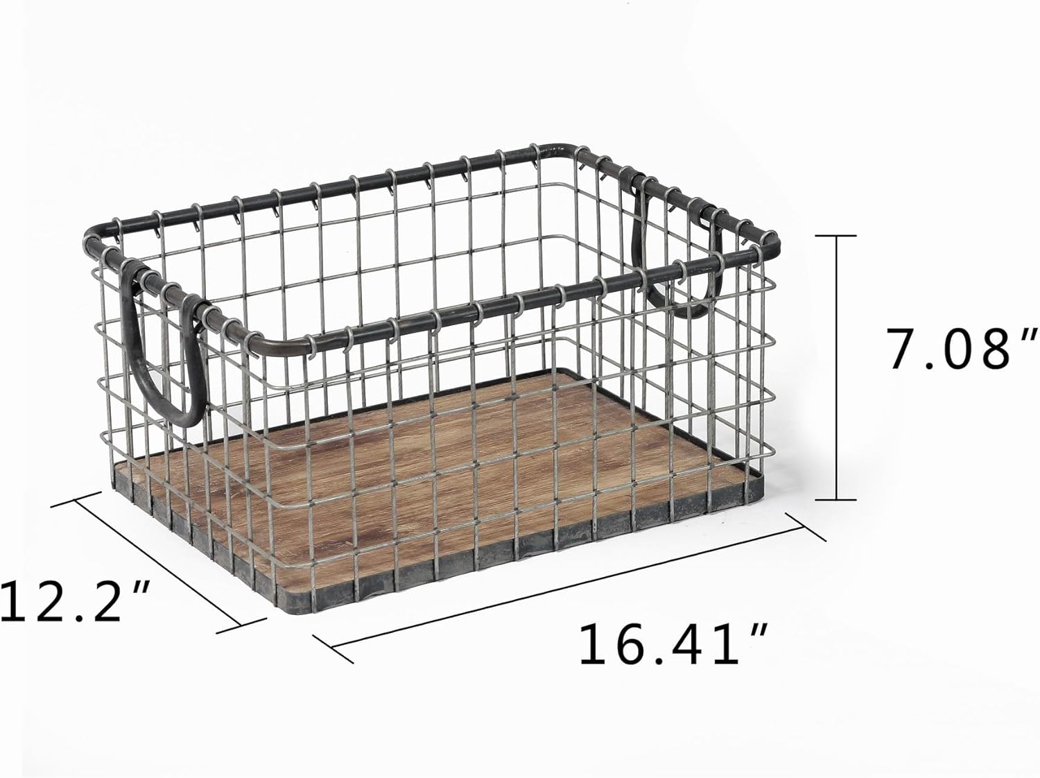 16" Wide Rectangular Sturdy Hand Welded Farmhouse Metal Wire Basket with Rustic Wooden Bottom For Shelves, Closet Storage Bins for Shelves. Also For Laundry, Towel, Spice Rack, Tool Box (16"x12")
