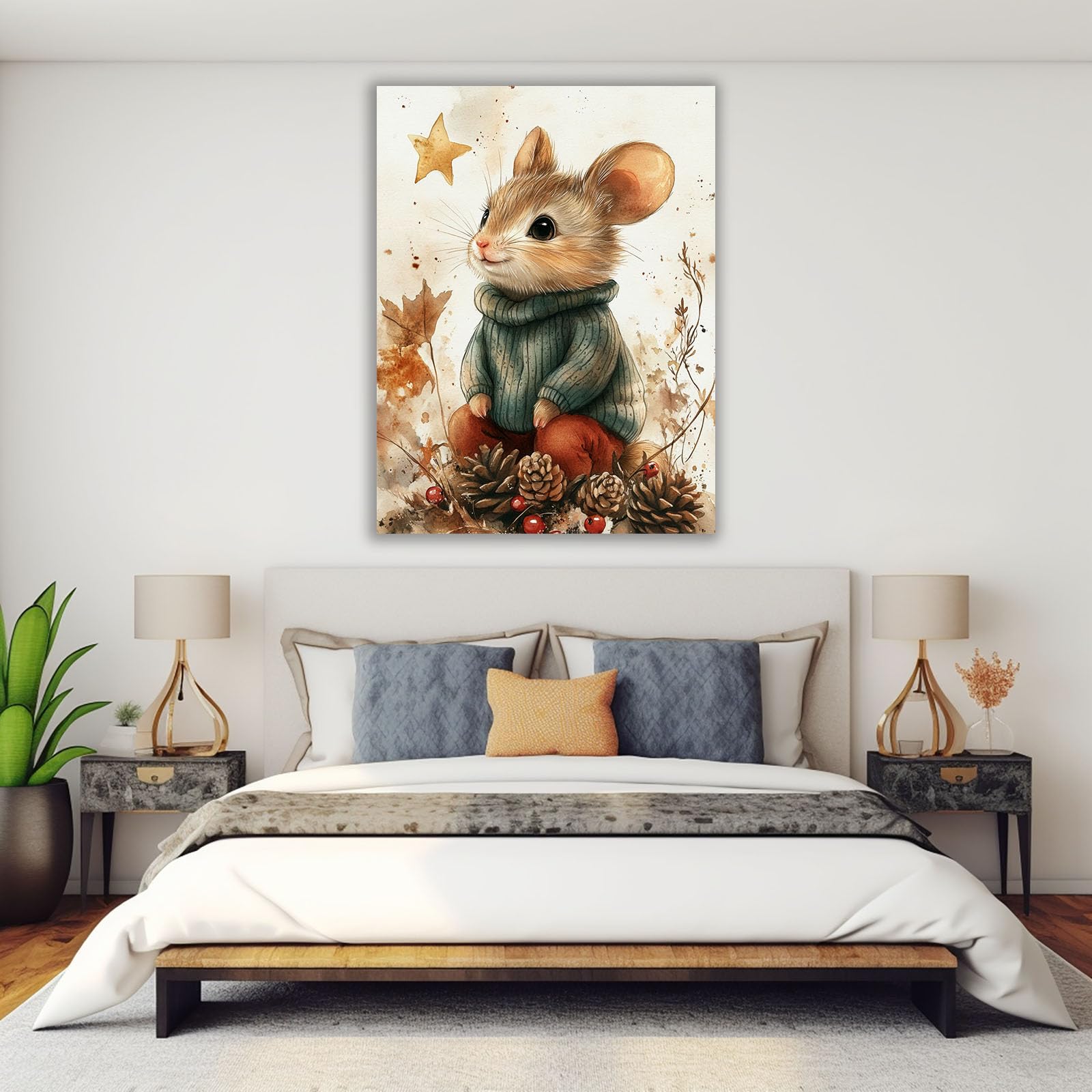 TERUEA Tela Animali Stampe Decorazione Topo Maglia Acquerello Autunno Pino Bacca stampa artistica su tela, poster decorativo moderno, per camera da letto(Brown)-80x120cm Non incorniciato