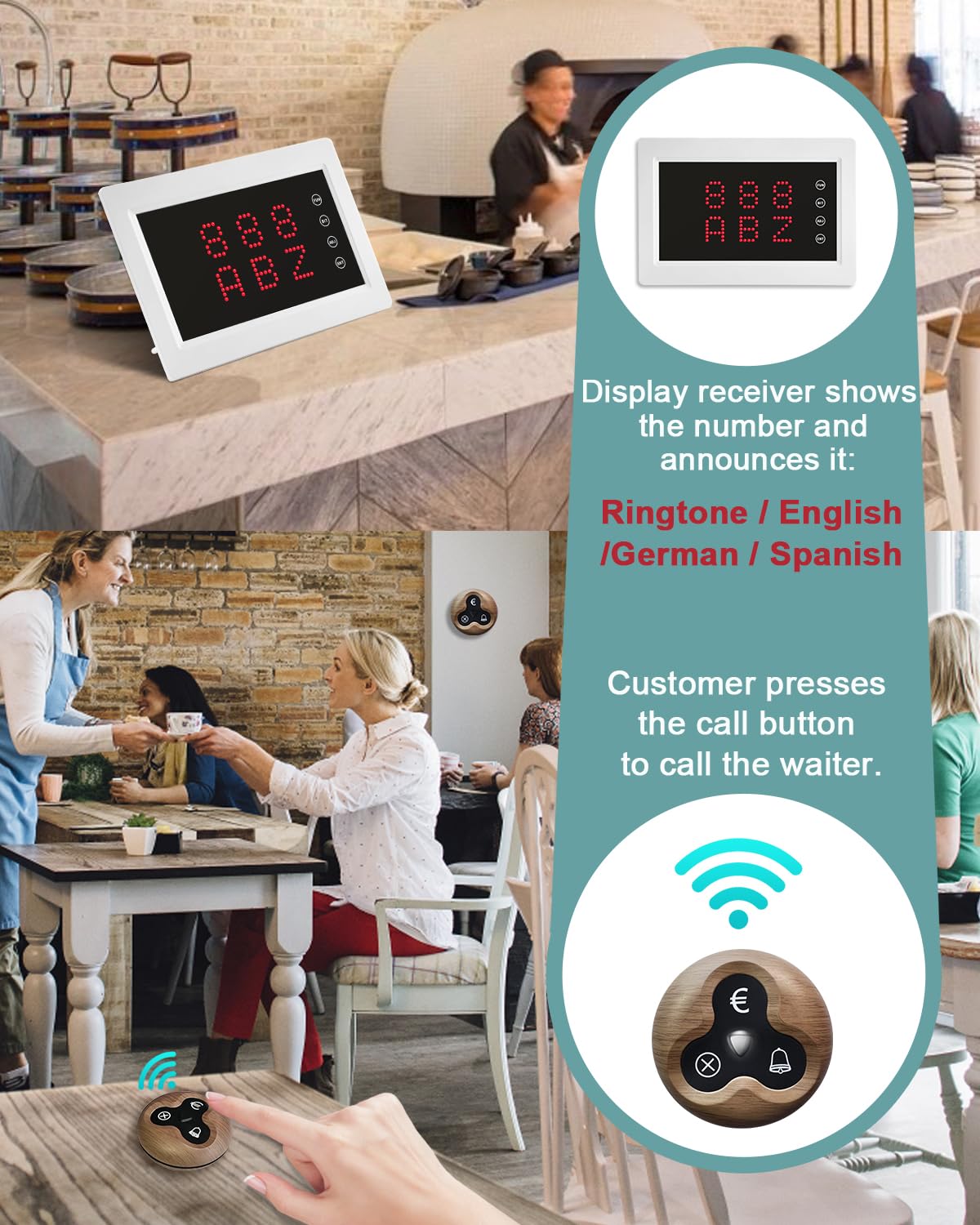 Sistema de Llamada para restaurantes, inalámbrico para Cuidadores, con Receptor, para clínicas de Ancianos, hospitales, restaurantes [1 Receptor + 10 Botones de Llamada - O3W]