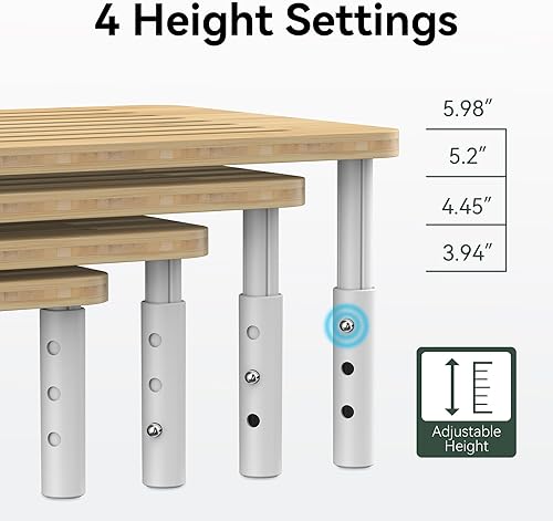 Miniatura 5 de Soporte elevador de bambú para monitor, 4 alturas ajustables, soporte para laptop con rejillas de ventilación de flujo de aire, organizador de