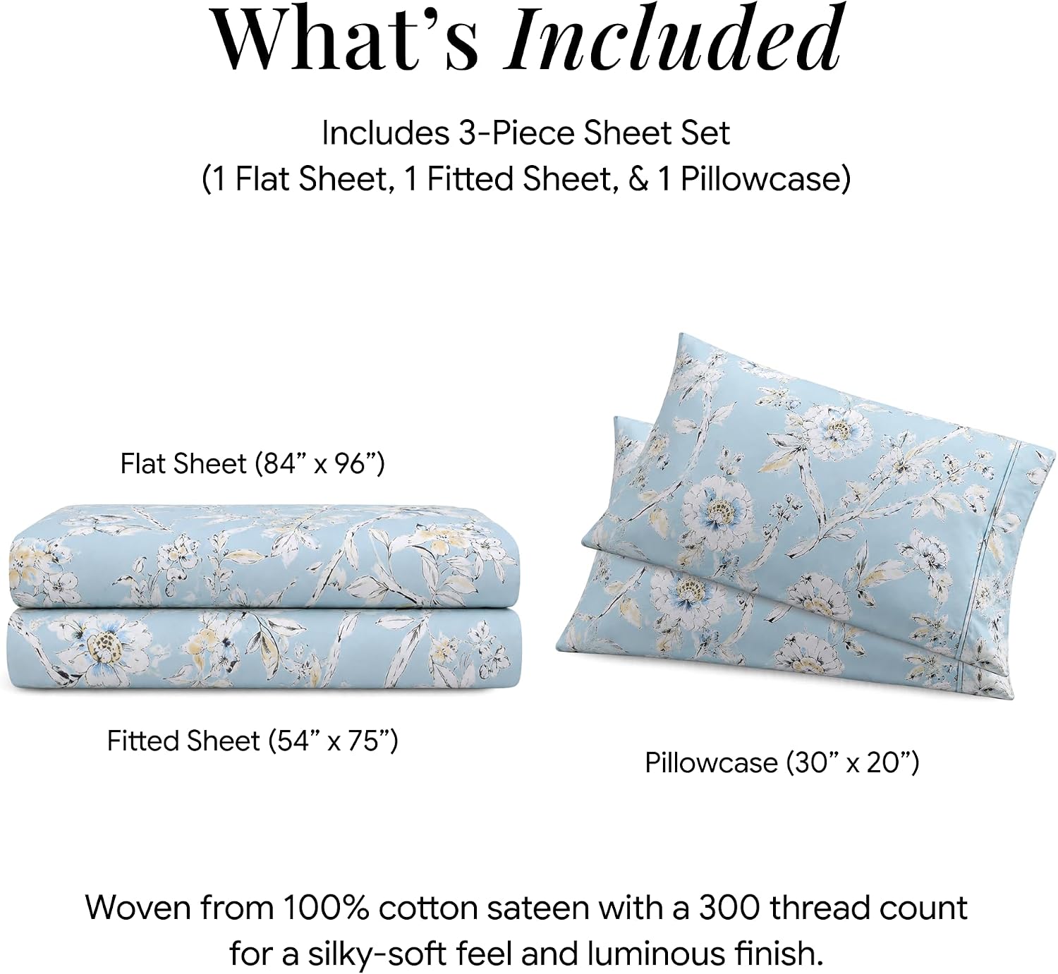 Tribeca Living Deep Pocket Full Size Sheet Set - 300 Thread Count Cotton Sateen Sheets with 22-Inch Extra Deep Pockets, Oeko-Tex Certified, 4 Bedding Set in Colmar Sky Blue/Multi Print