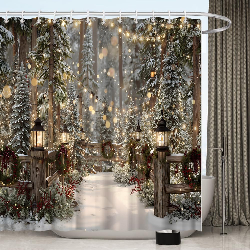 Winter Forest Snow Shower Curtain Christmas Snowy Pine Foggy Forest Snowflake Bath Decor Polyester Fabric Curtains 106X70 Inch