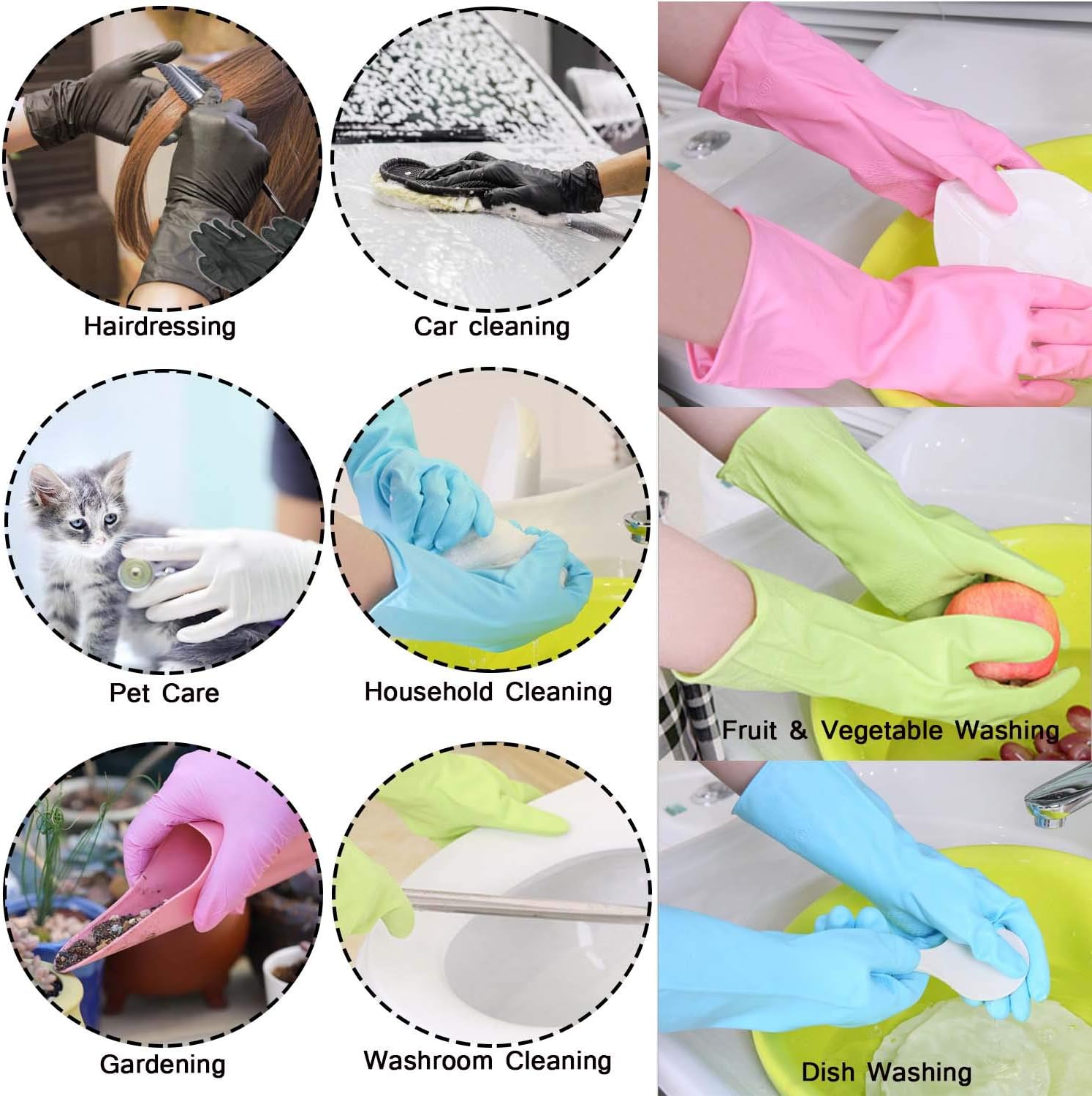 Dishwashing Rubber Gloves Non-Slip Household Laundry Kitchen Cleaning Gloves Reusable PU Waterproof Latex Gloves for Women and Men (Large, 6 Pairs) Pink 2 Pairs Blue 2 Pairs Green 2 Pairs
