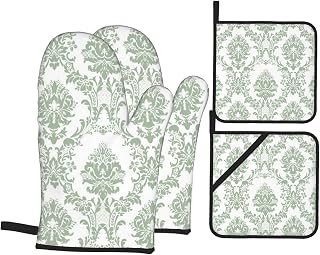 Ensemble de 4 Mitaines de Four et Porte-Pots,Motif damassé,Toile Marron Rouge,Baroque,Belle Toile de Jute,pour Cuisiner et Cuisiner,la Cuisson et la Cuisson