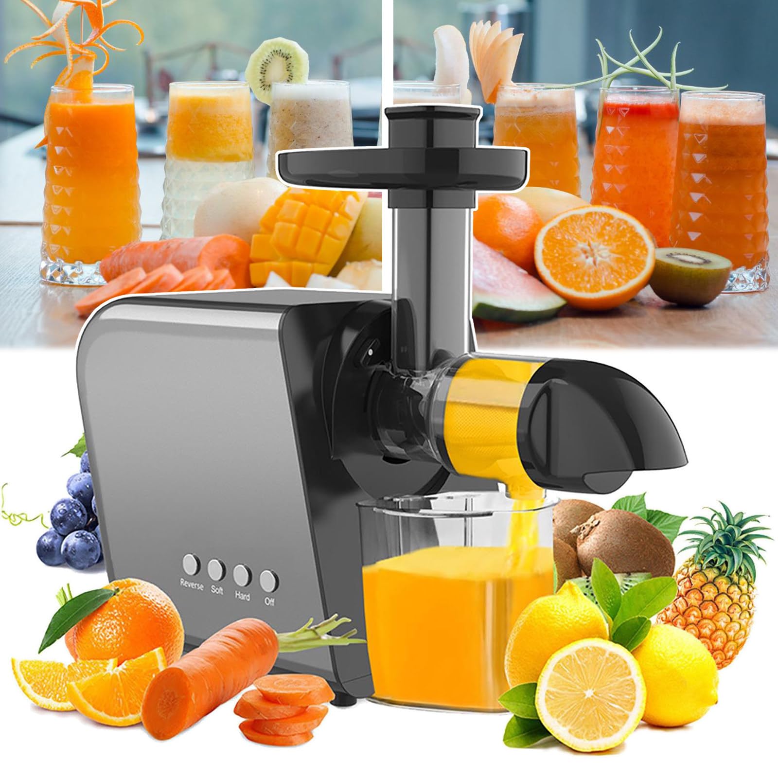 MYUYEE Slow Chewing Juicer, 1300ml Cold Press Juicer,Horizontal Juicer,80 Rpm,Juice Extraction Rate Reaches 90%,For Oranges, Watermelons, Tomatoes,250w