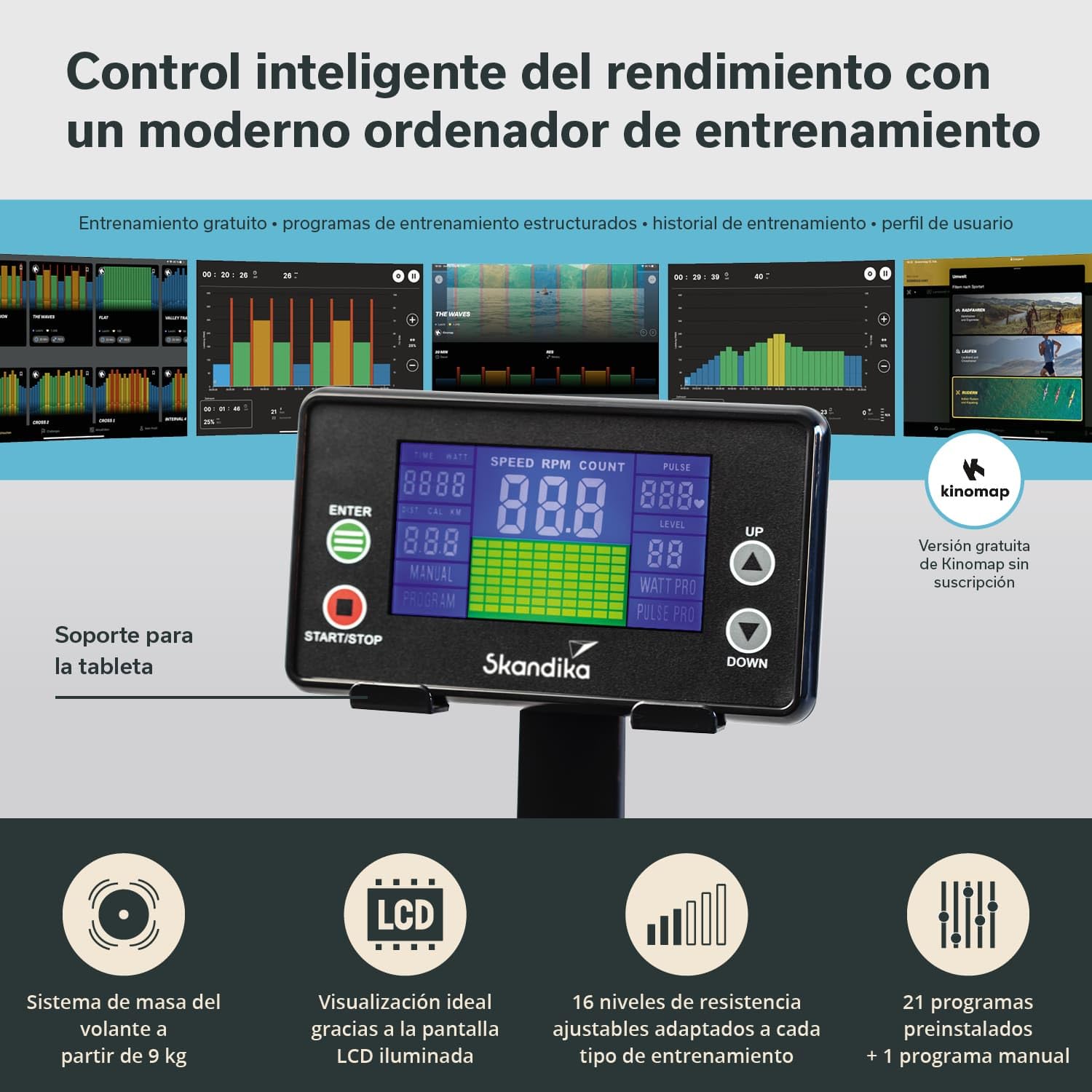 Skandika Nordlys Máquina de Remo - Remo giratorios 3D con rodamientos de Bolas - Ordenador + Soporte para Tablet - 16 Niveles de Resistencia