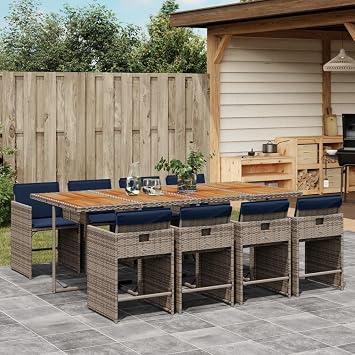 8-Sitzer Outdoor-Patio-Dining-Set Gepolsterte Faltsessel aus Poly-Rattan mit Akazie 218 x 106 cm Modernes Design fur Garten Balkon Terrasse