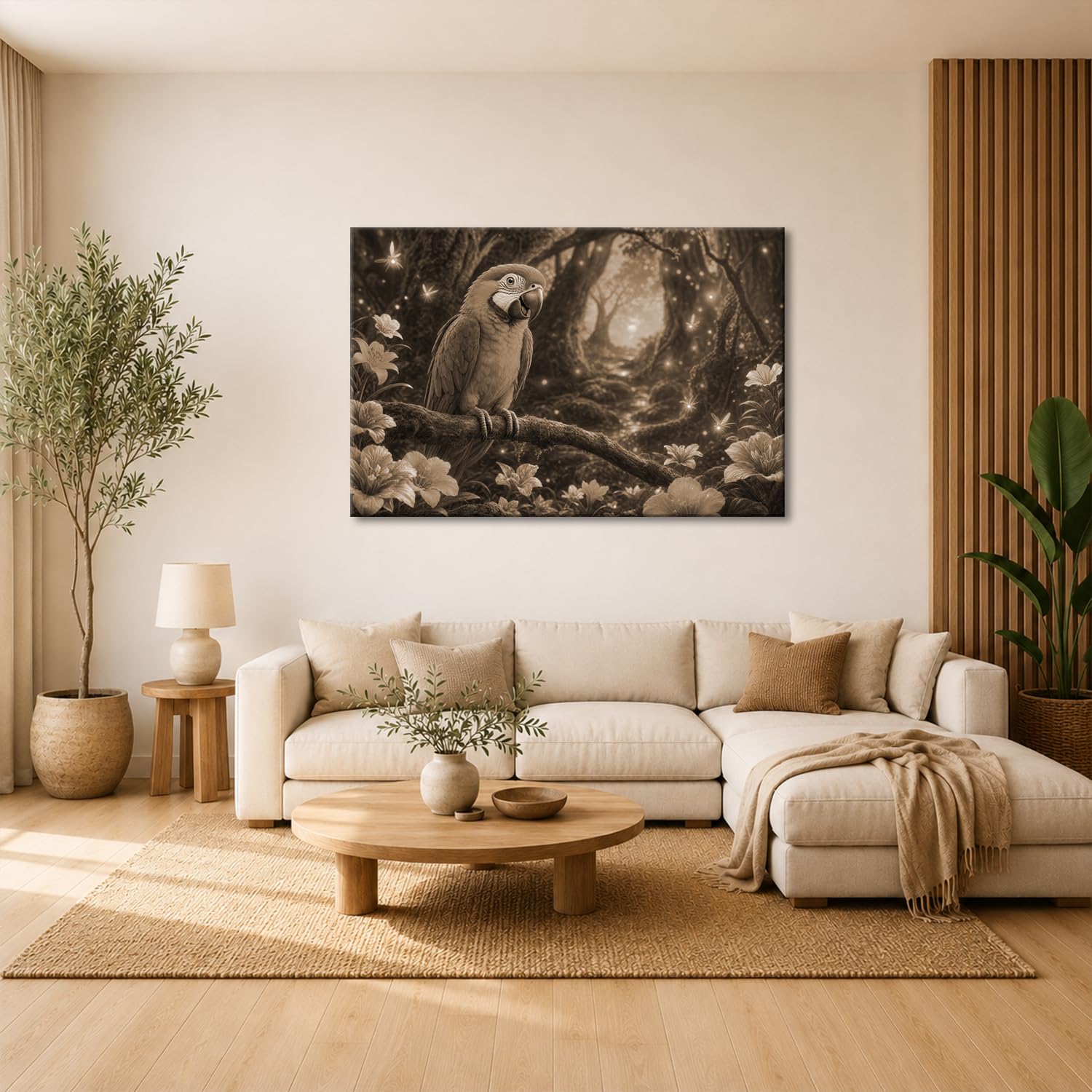 deyoli Obraz na płótnie Kolorowa papuga na drzewie w zaczarowanym lesie 100 x 70 cm Sepia | Format poziomy, jednoczęściowy druk artystyczny XXL, obraz na blejtramie, obraz na płótnie, obraz ścienny, dekoracja salonu