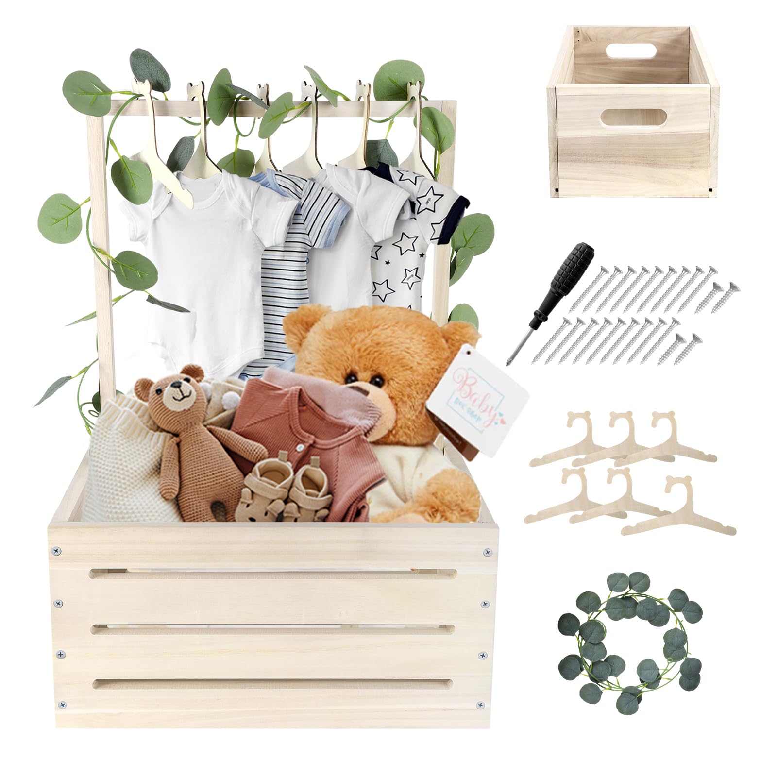 Umtiti Wooden Baby Gift Basket with Handle,Kids Clothes Hanger and Garland,Baby Shower Crate Wardrobe for Pregnant New Parents.Gift Basket-Wood-uk-M