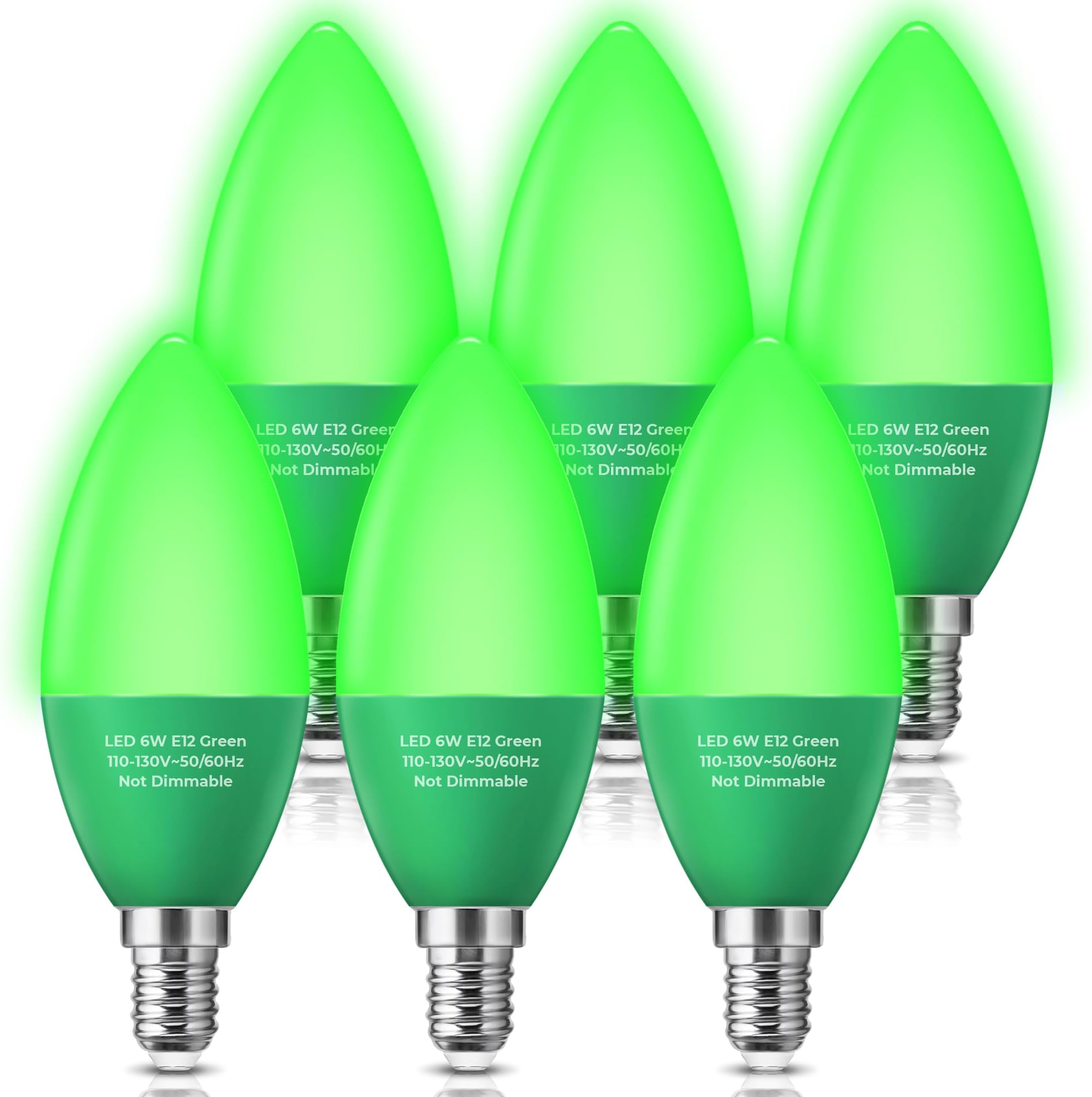 Green Candelabra Light Bulbs, 6W E12 Colored Light Bulb 40 Watt Equivalent, Decorative Green Candle Bulbs for Christmas Decoration, Porch Decor, Non-Dimmable, 6 Pack