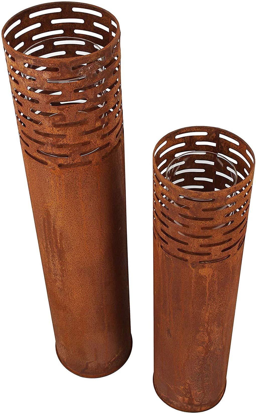 2X Windlichtsäule Rostäule aus Metall im Rost Design, 75 + 95 cm hoch | Garten-Laterne, Kerzenständer, Kerzenhalter, Dekosäule mit Kerzenglas, Metallsäule, Kerzensäule, Garten-Deko für Draußen