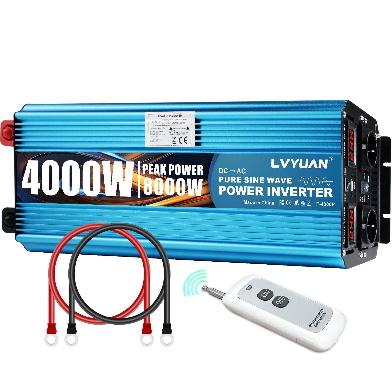 LVYUAN Convertidor 24 V 220 V 4000 W/8000 W Puro sinusal inversor Transformador-2 enchufes EU AC, USB, Mando a Distancia inalámbrico y Pantalla LED para Sistemas solares, Coches, Camping, Viajes