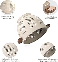 Vista 75 de Colador de metal con mango de madera y base estable, cesta coladora de cocina de acero con recubrimiento en polvo para escurrir pasta, verduras