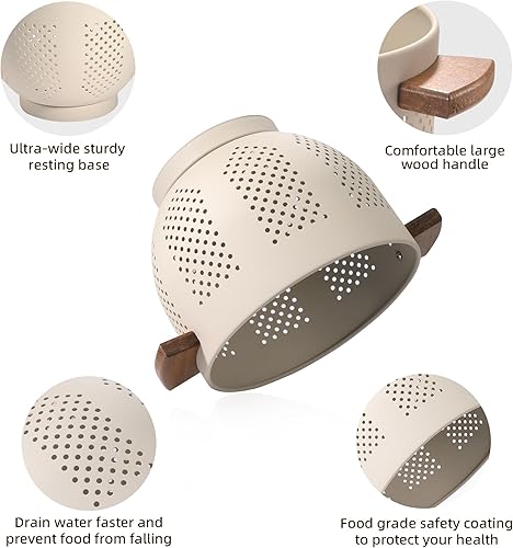 Miniatura 75 de Colador de metal con mango de madera y base estable, cesta coladora de cocina de acero con recubrimiento en polvo para escurrir pasta, verduras