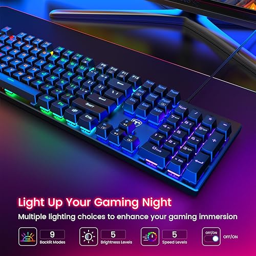 Miniatura 3 de RisoPhy Teclado mecánico para juegos, RGB de 104 teclas ultradelgado con retroiluminación LED, teclado USB con cable con interruptor rojo, teclas