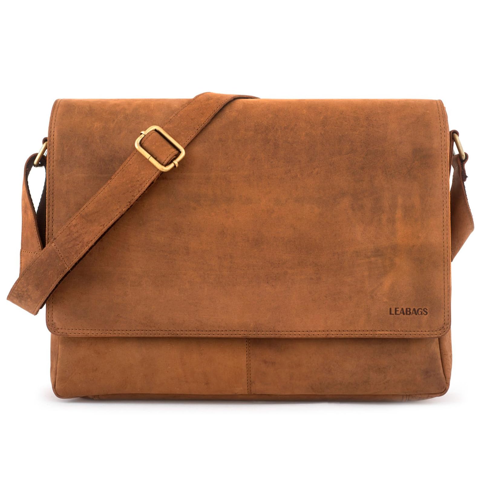 LEABAGS Oxford Sac Bandoulière Cuir Véritable 15 Pouces Homme Femme - Sac Messager avec 8 Compartiments pour Travail, Bureau et Université - Sacoche Ordinateur Vintage - 38x31x10 cm