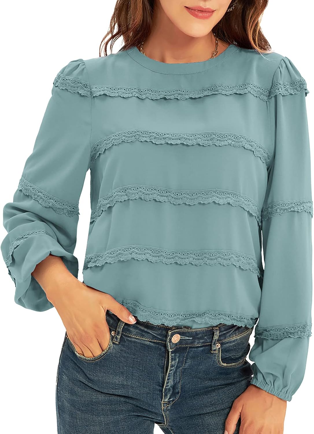 GRACE KARIN Women’s Elegant Work Business Long Sleeve Blouse Casual Puff Shirts Lace Tops Loose Fit