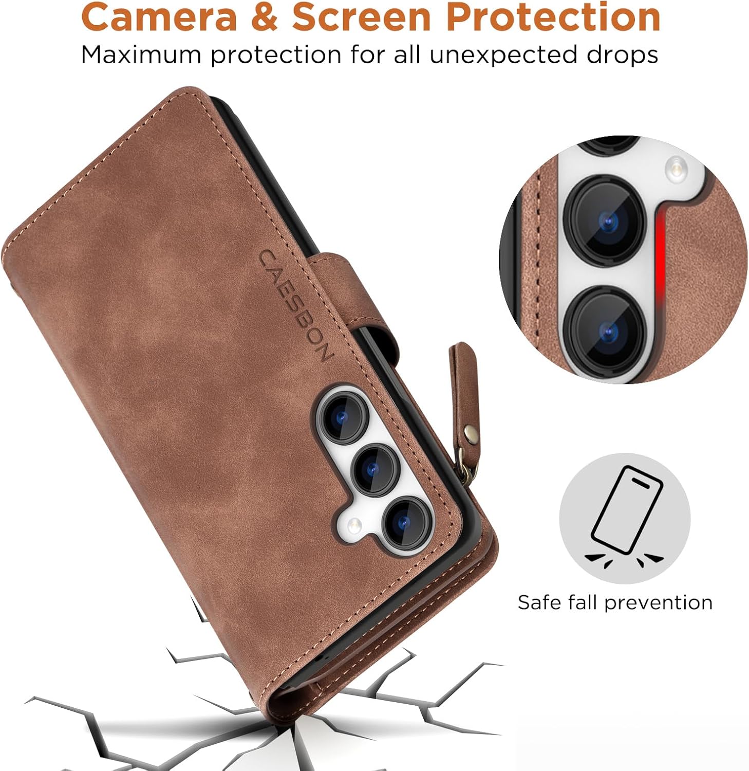 for Samsung Galaxy A16-5G-Wallet Case: with RFID Blocking Card Slots (6 Cards) | Soft PU Leather Magnetic Snap Zipper Pocket | Crossbody Wrist Strap Protective Phone Cover - Brown - Image 7