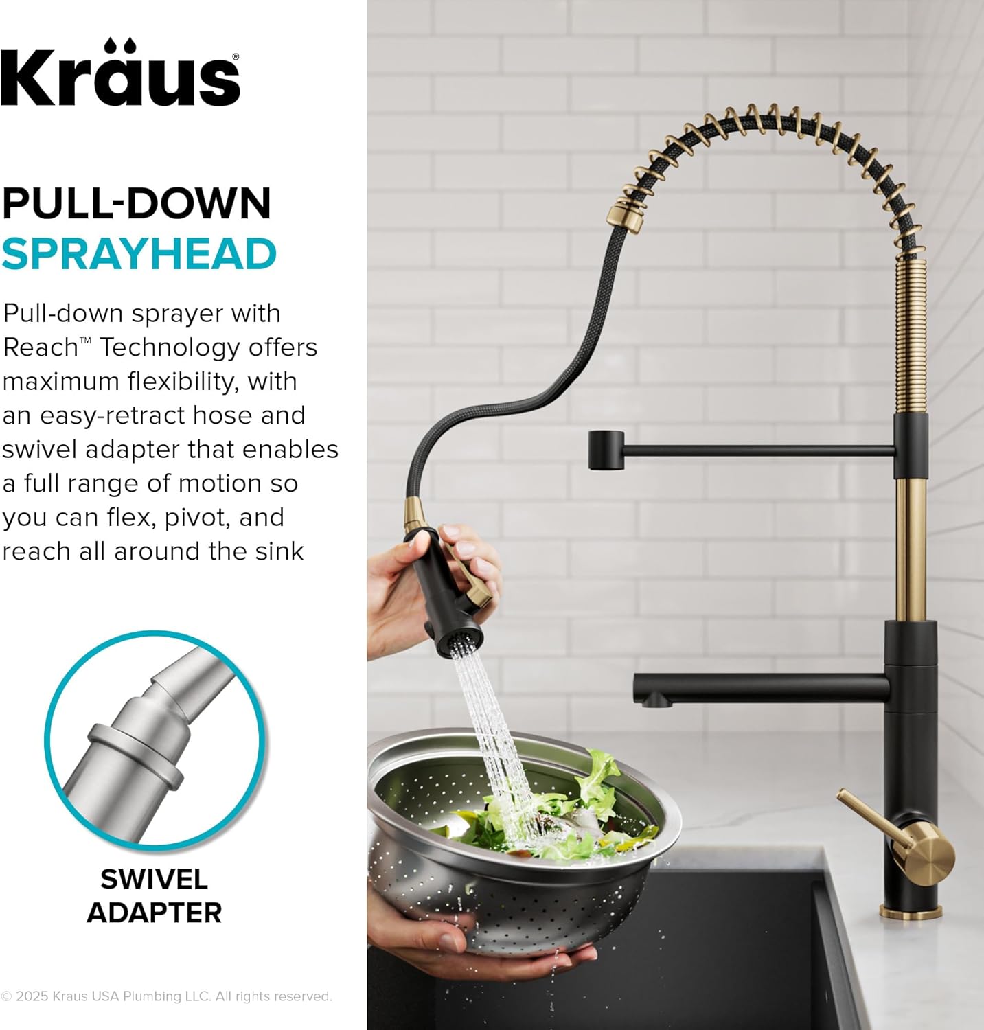 KRAUS Artec Pro Commercial Style 2-Function Single Handle Pull Down Kitchen Faucet with Pot Filler in Spot-Free Brushed Brass/Matte Black, KPF-1605BBMB