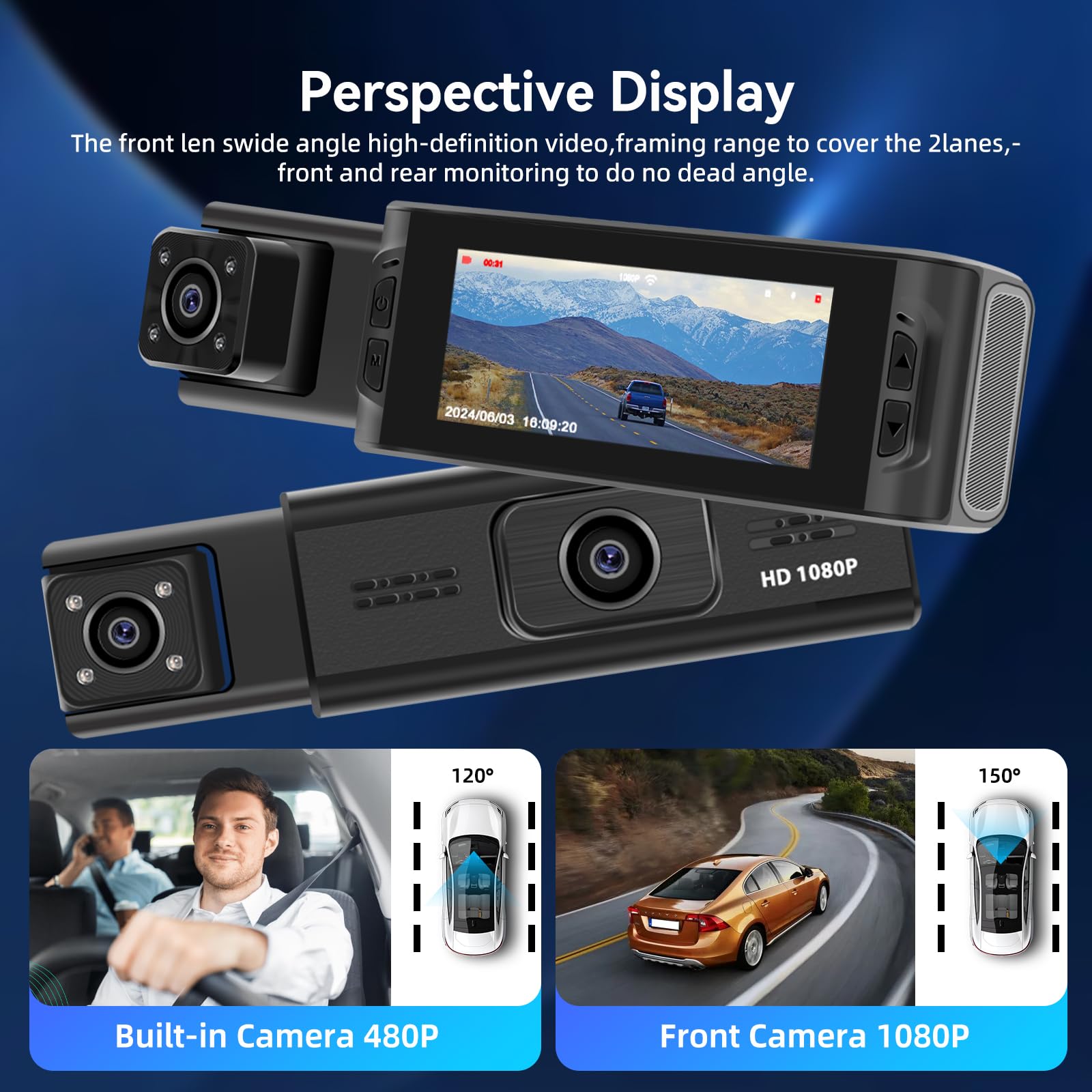 NHOPEEW Dash CAM de 3 Canales - Dashcam Frontal y Trasera de 360° con Pantalla de 3,16 Pulgadas - WiFi/Grabación en Bucle/Compensación de exposición/Detección de Movimiento