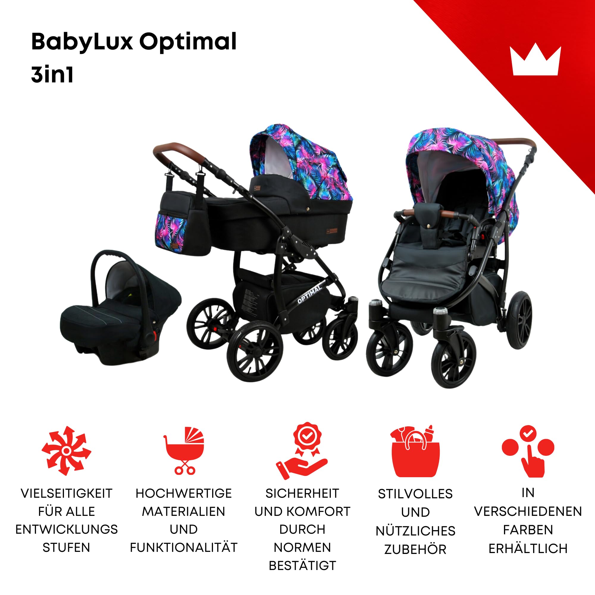 BabyLux® Carrito de Bebé Sistema de Viaje Set 3 en 1 - Optimal - incl. Capazo, Silla de Paseo, Silla Coche - Cochecito - con Bolso cambiador, Cubierta para la lluvia, Mosquitera etc.