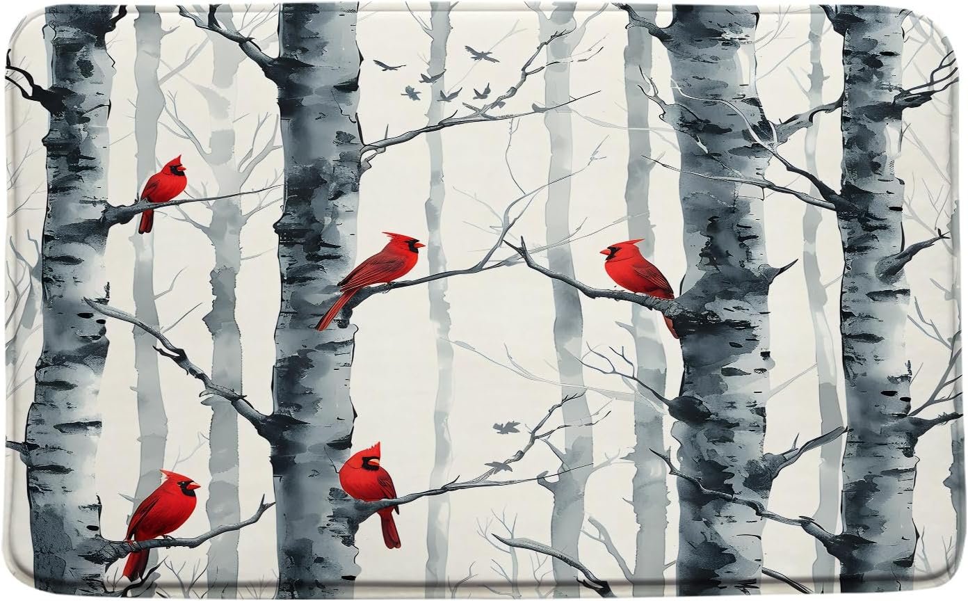 Birch Tree Forest Bath Mat Winter Forest Red Birds Watercolor Grey Abstract Seasonal Nature Scenery Bathroom Mat Rug Memory Foam Carpet Doormat(24x60 Inch)