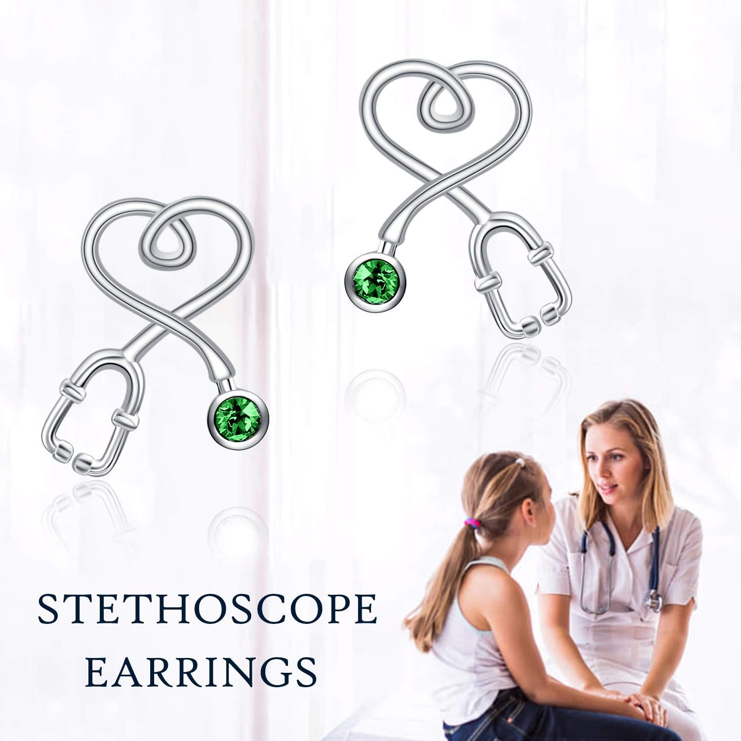 Stethoscope Earrings 925 Sterling Silver Heart Studs Earrings 12 Months Birthstone Crystals from Austria, Graduation Jewelry Gifts for Nurse Doctor RN Medical Student