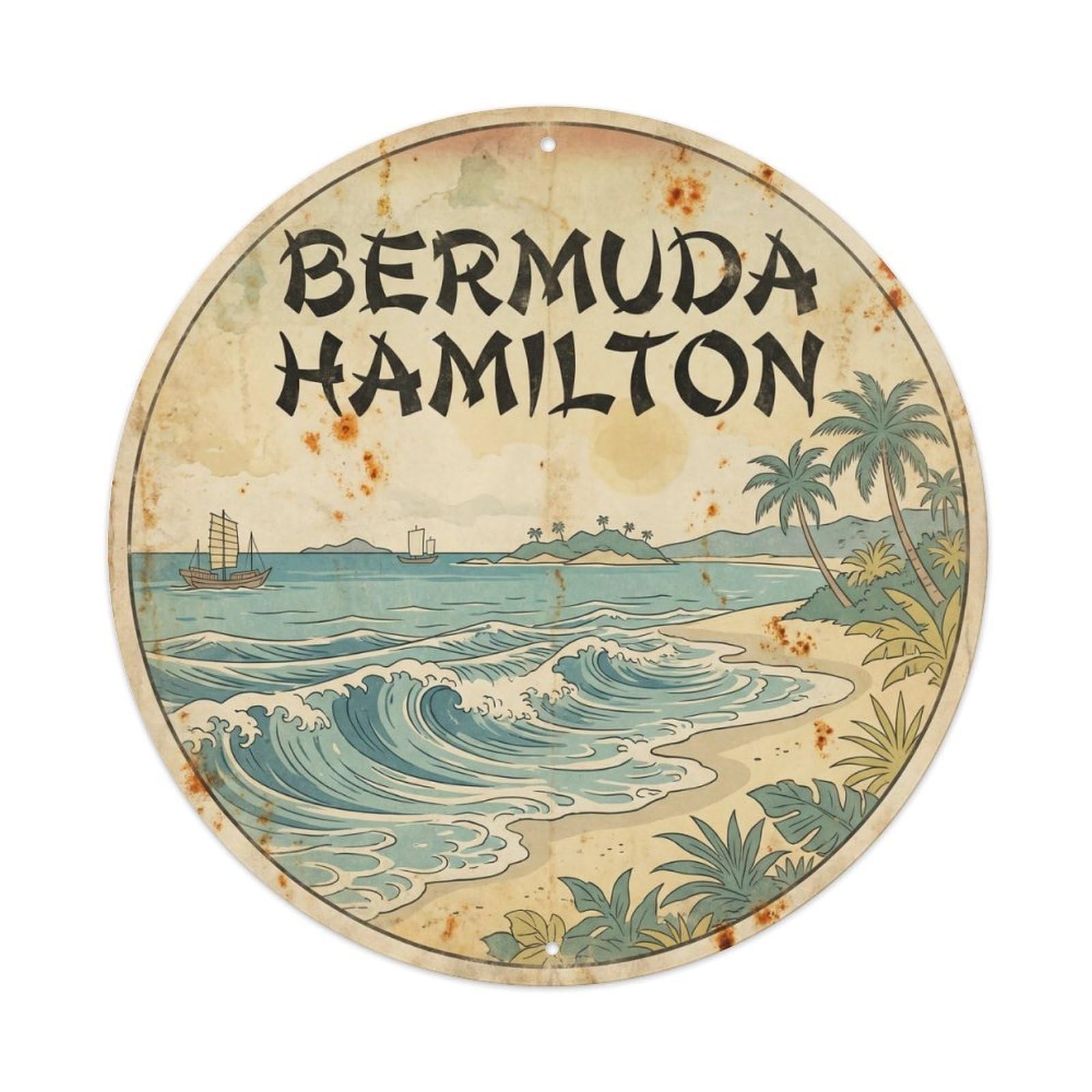 Bermuda Hamilton Coastal Escape Vintage Woodcut Metal Tin Sign