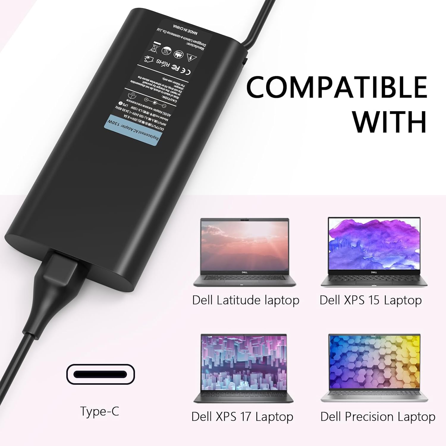 130W 100W USB Type C Laptop Charger Compatible with Dell Precision 3480 3590 3490 3580 3590 3591 Mobile Workstation AI PC 5680 5690 3581 2in1 Computer Power AC Adapter