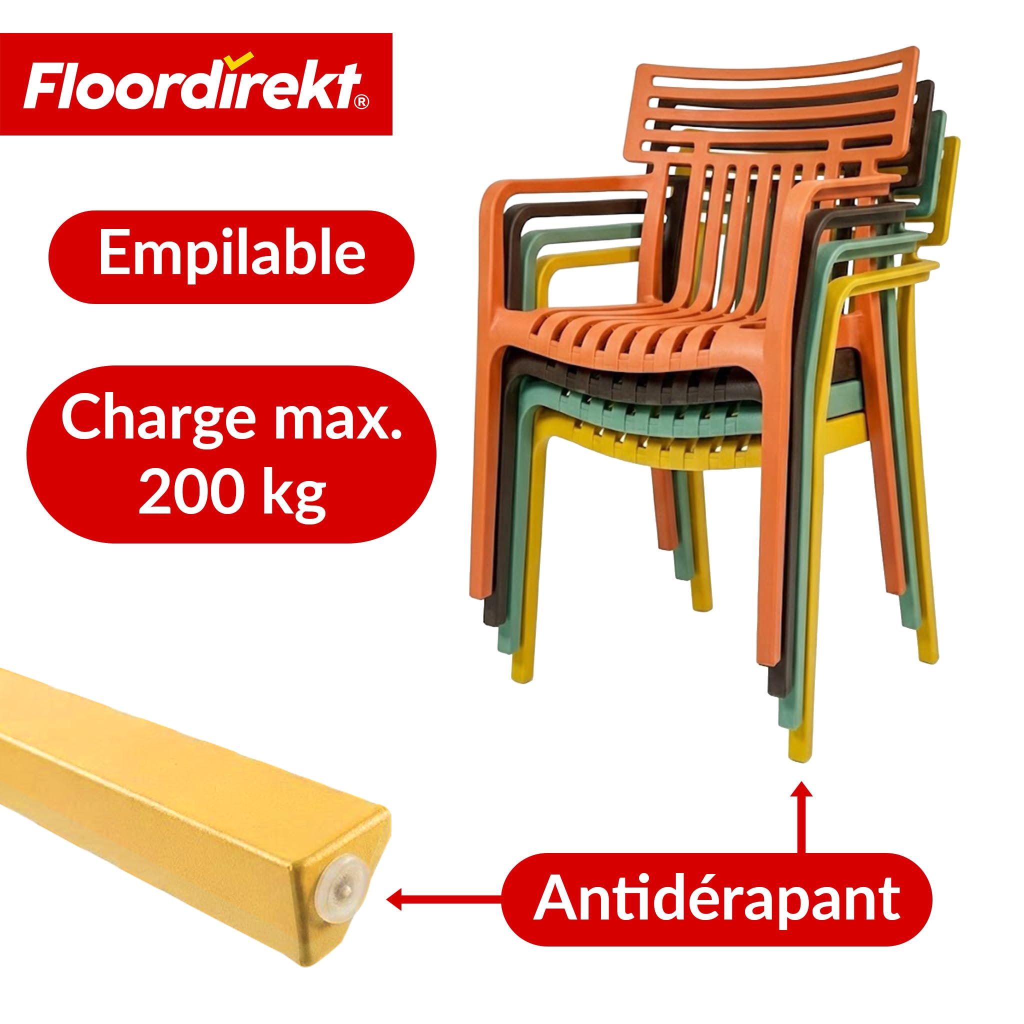Floordirekt Chaise de Jardin avec accoudoirs – Chaise de Design empilable, Verte, résistante aux intempéries et aux UV, supporte jusqu'à 200 kg, pour Balcon, terrasse et Jardin
