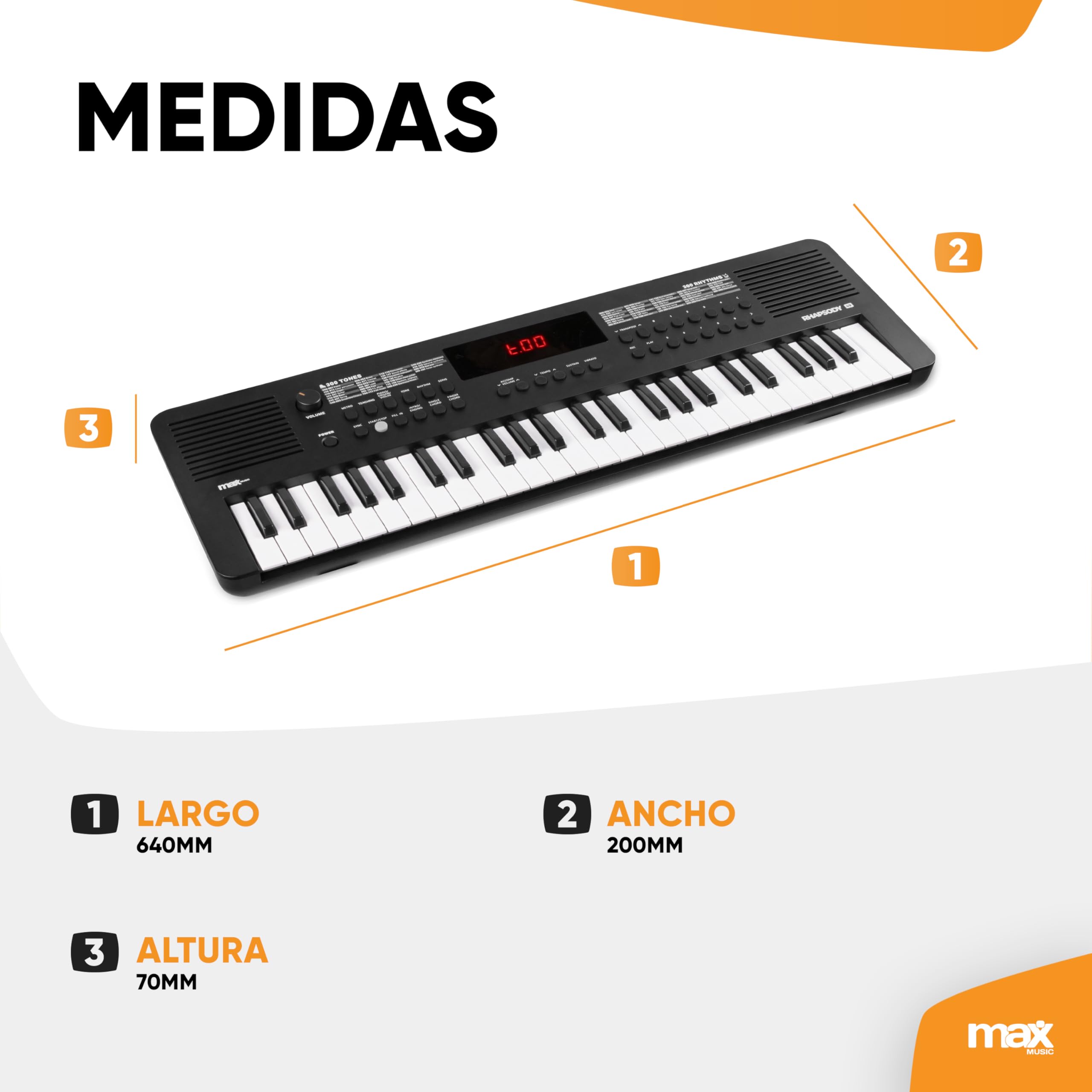 MAX Rhapsody49 - Piano eléctrico de 49 teclas para principiantes con función de aprendizaje, teclado con altavoz, pantalla LED, 80 canciones de demo, 300 de sonido y ritmos, USB-C, Midi y auriculares