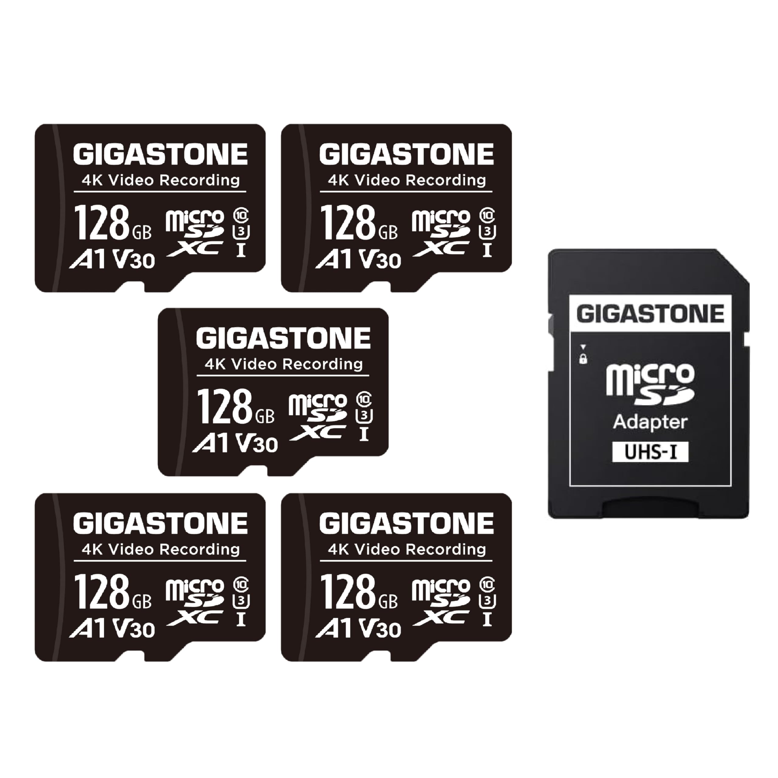 GIGASTONE 128 GB, 5-częściowa karta Micro SD, wideo Pro 4K, GoPro, monitoring, kamera bezpieczeństwa, kamera akcji, dron, karta pamięci MicroSDXC UHS-I klasa 10, 85 MB/s, z adapterem
