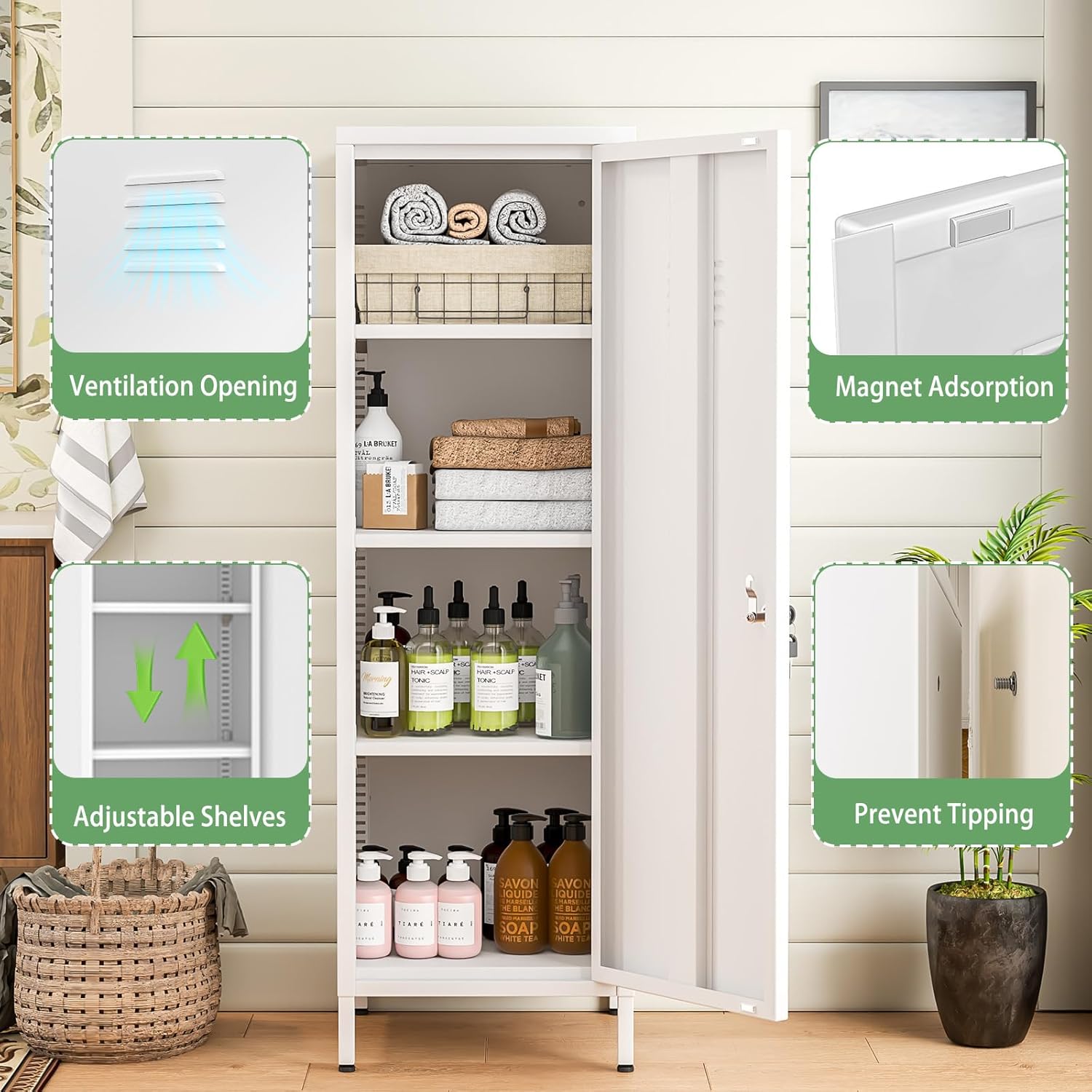 Ckzbx Tall Narrow Storage Cabinet 51.18" H Bathroom Cabinet Metal Pantry Cabinets, 3 Adjustable Shelves for Kitchen, Home Office, Living Room, Dinning Room (White)