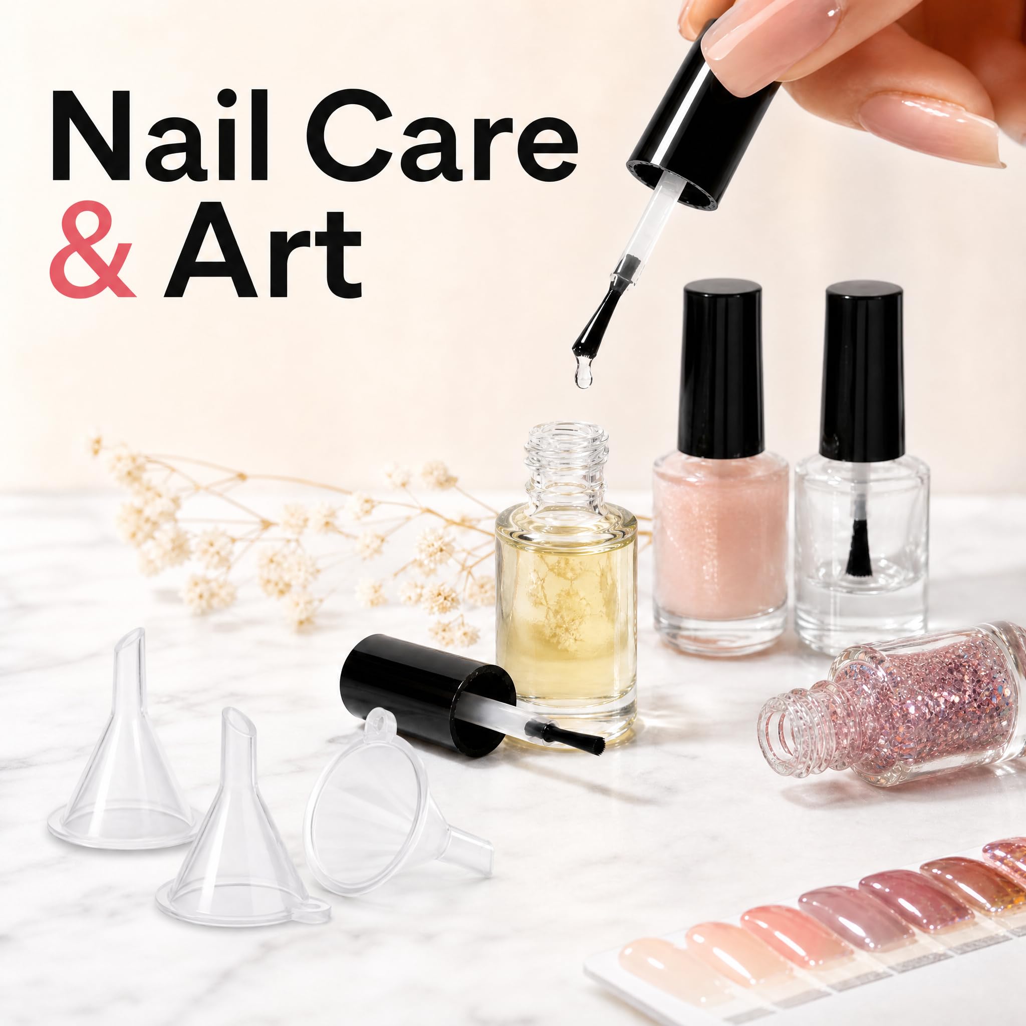 ZENFUN Lot de 50 flacons de vernis à ongles vides de 5 ml avec bouchon pinceau, récipients transparents pour vernis à ongles avec 6 entonnoirs en vrac, flacons rechargeables en verre pour nail art