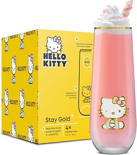 Miniatura 8 de JoyJolt Hello Kitty Stay Gold Copas sin pie tipo flauta, Juego de 4 vasos para beber de 9.4 onzas, vasos Highball Sanrio, juego de vasos de cocina