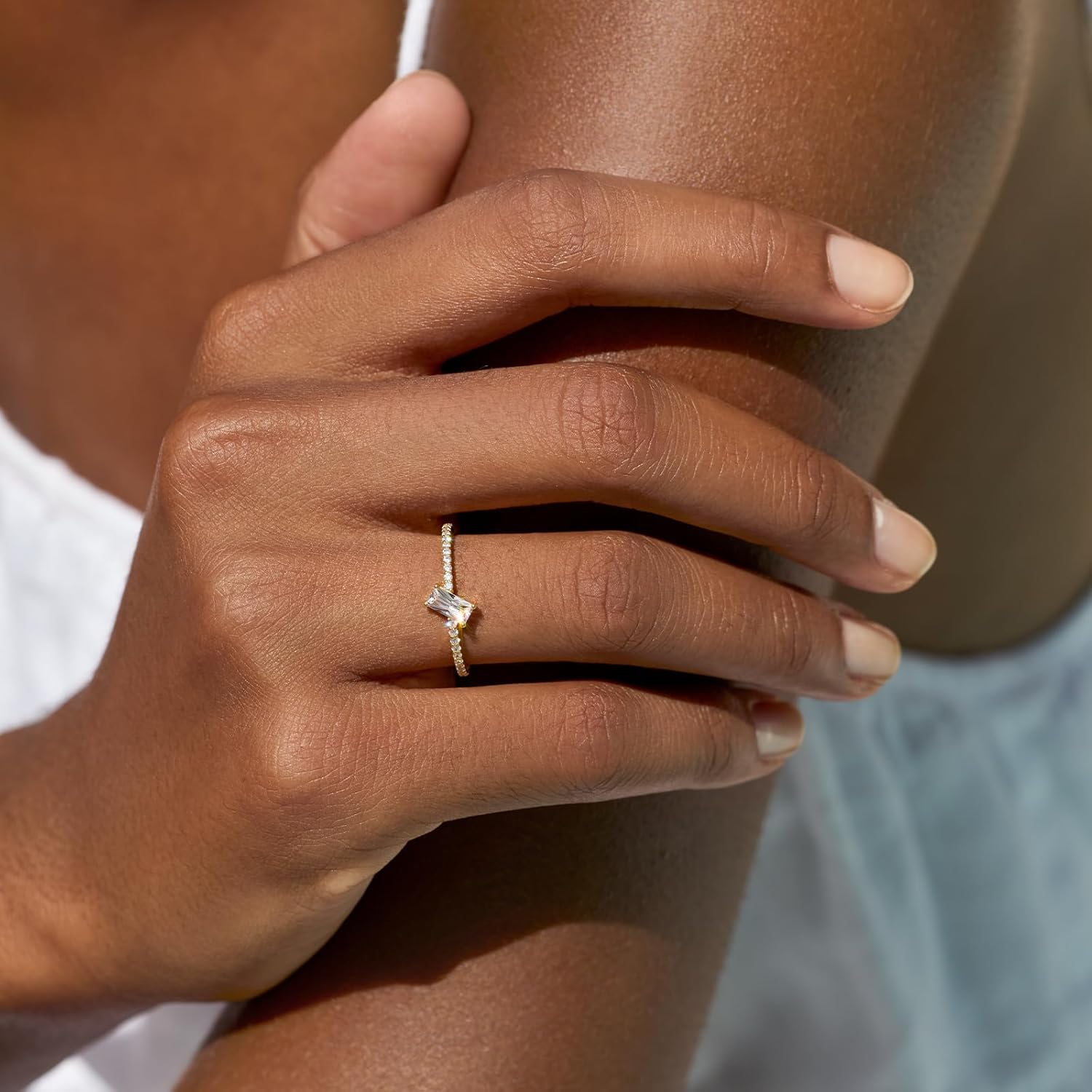 STORYJEWELLERY Wedding Rings for Women, Emerald Cut Engagement Ring, Baguette Ring, 18K Gold Plated Cubic Zirconia Solitaire Rings for Women, Gifts for Her - Image 3