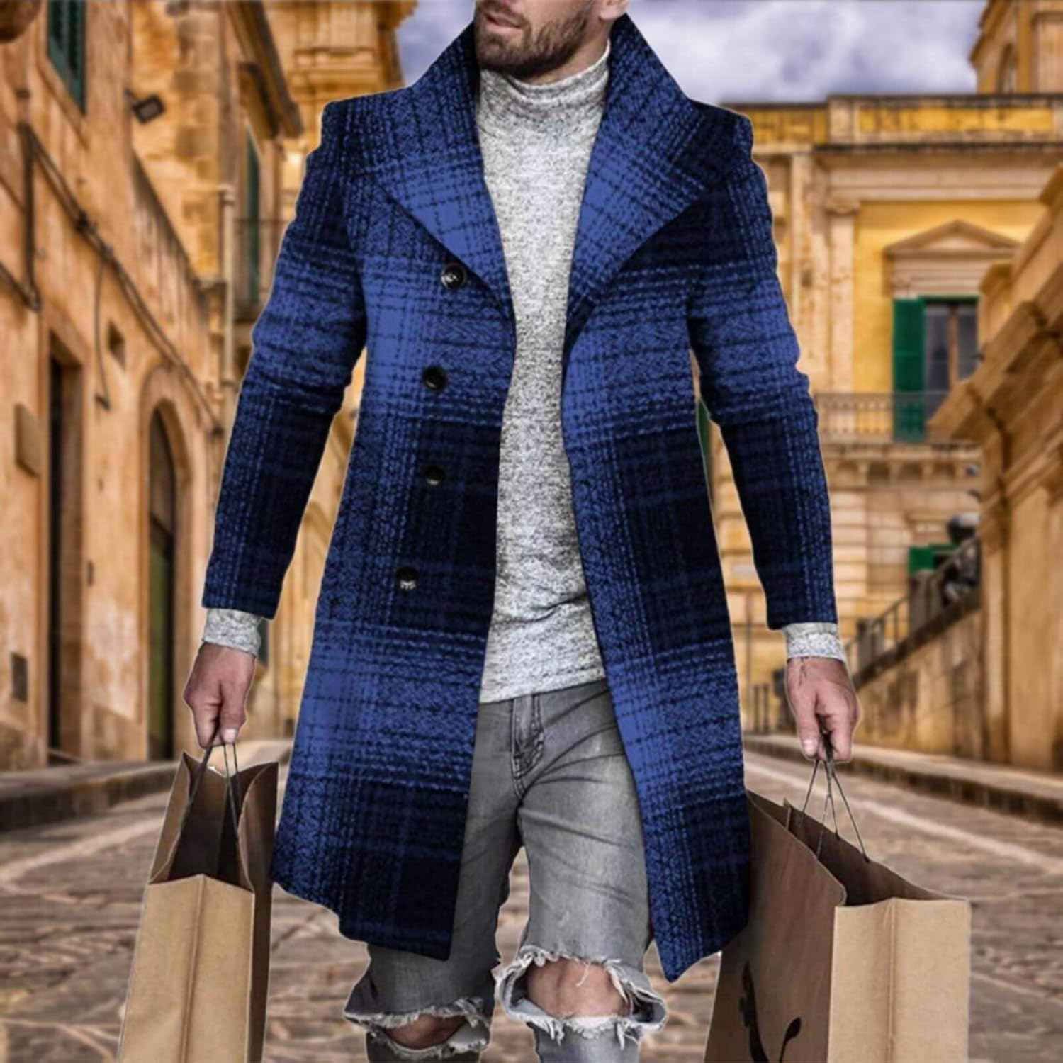 Men's Plaid Long Trench Coat Mid - Length Lapel Collar Button Down Warm Overcoat for Winter & Autumn Fashion - Image 4