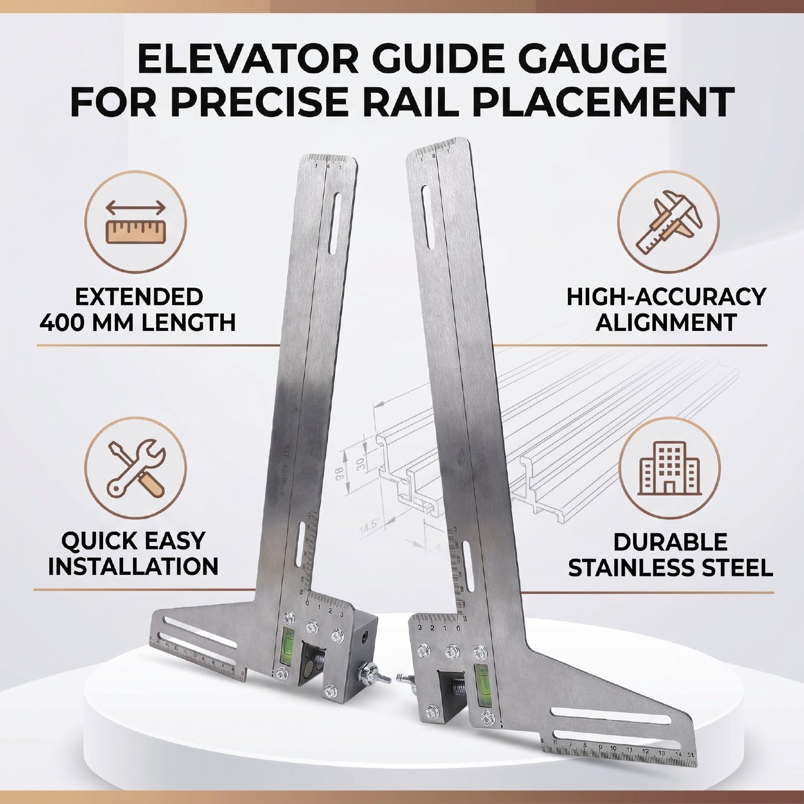 Righello per Posizionamento Elevatore, Calibro Guida 400 mm in Acciaio Inossidabile, Strumento di Misurazione Preciso per Manutenzione Ascensori e Dimostrazioni Scolastiche