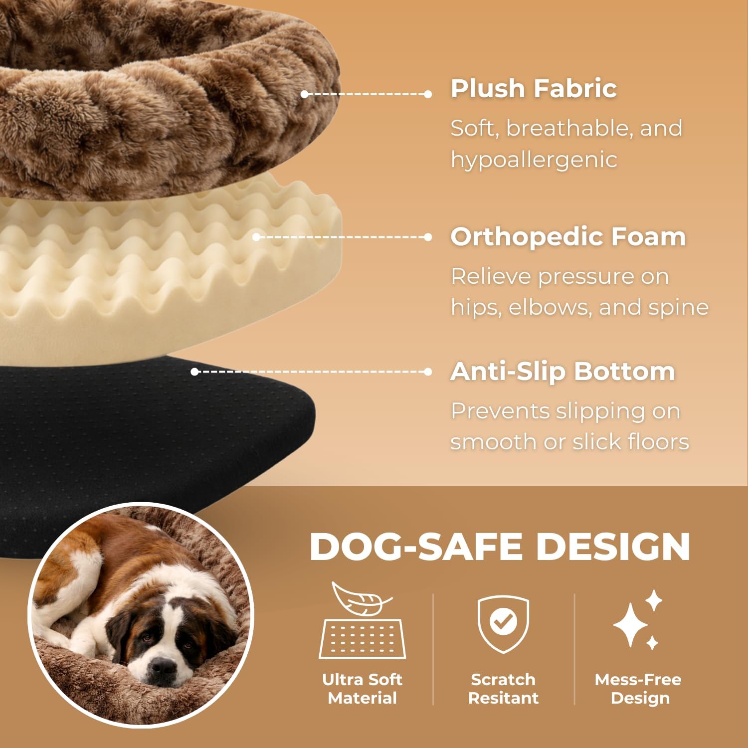 Pelsbarn Luxurious Orthopedic Dog Bed - X-Large (47.24" x 31.49") Therapeutic Joint Support Pet Bed - Velvety Soft Removable Washable Cover - Brown