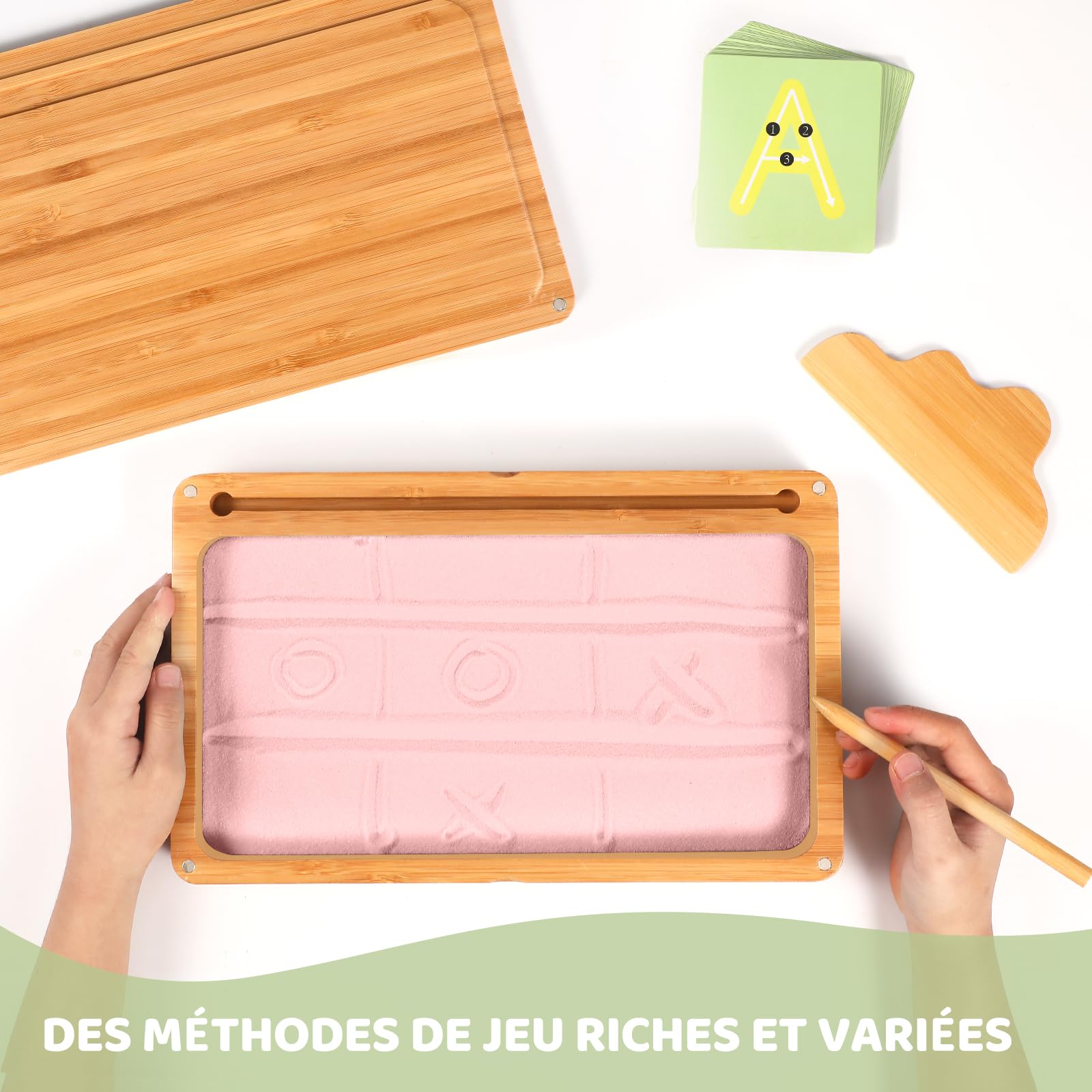 AtMini Montessori Table de Sable début d'entraînement d'écriture et de Dessin Jouet en Bois Montessori Table de Sable éducative Jouet pour Le développement Moteur précoce chez Les Enfants（Rose）
