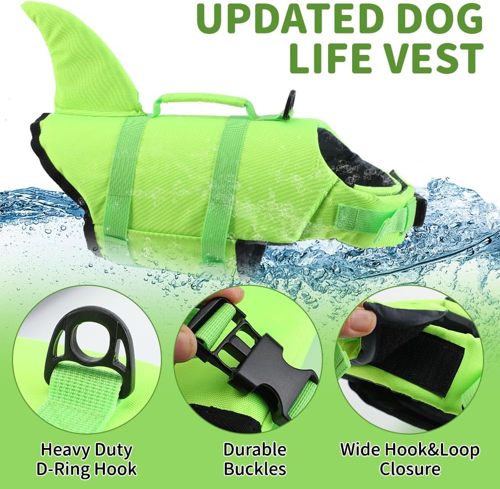 EMUST Dog Life Jacket Shark, Ripstop Dog Lifesaver Vests with Rescue Handle for Small Medium and Large Dogs, Pet Safety Swimsuit Preserver for Swimming Pool Beach Boating (XS, SolidGreen) thumbnail