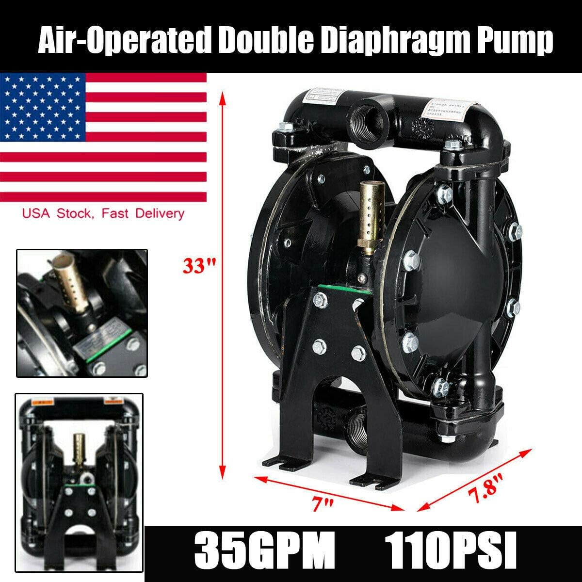 Double Diaphragm Pump, Aluminium Air-Operated Double Diaphragm Transfer Pump 35 GPM 120 PSI 1" Inlet &Outlet, 1/2" Air Inlet Low Viscosity Petroleum Fluid Chemical for Industrial Use