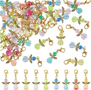 SUPERFINDINGS 36Pcs 9 Colors Angel Wing Charm Guardian Angel Charms Colorful Fairy Dangle Pendants Acrylic Heart Beads Charms with Lobster Clasps for DIY Party Favor Wedding Jewelry Making