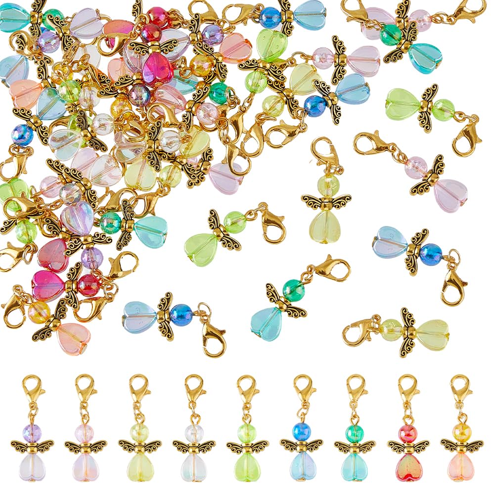 SUPERFINDINGS 36Pcs 9Colors Angel Wing Charm Guardian Angel Charms Colorful Fairy Dangle Pendants Acrylic Heart Beads Charms with Lobster Clasps for DIY Wedding Jewelry Making