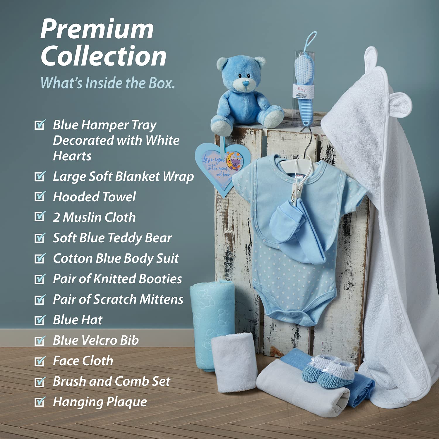 Baby Boy Blue Gift Hamper - with Fleece Wrap, Hooded Towel, Baby Clothes, 2 Muslin Cloths and Cute Teddy Bear : Baby