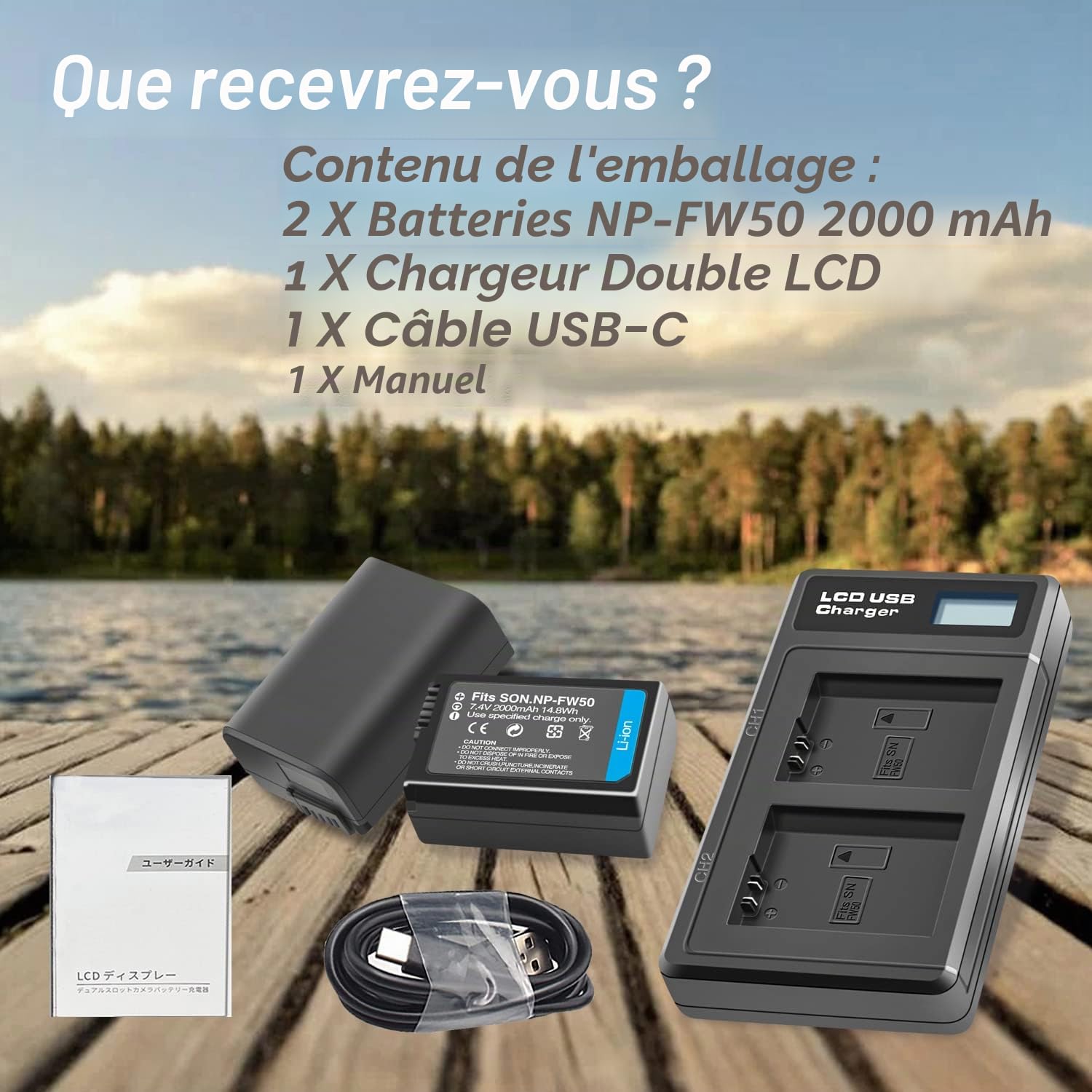 Batteries NP-FW50 2000mAh et Chargeur de Batterie pour Sony Alpha 6500 6400 6300 6000 7 7II 7R 7RII RS 7SII A7 A7II A7R A7RII A7S A7SII A6500 A6400 A6300 A6000 A7S2 NEX-3/5/7 (Pack de 2)