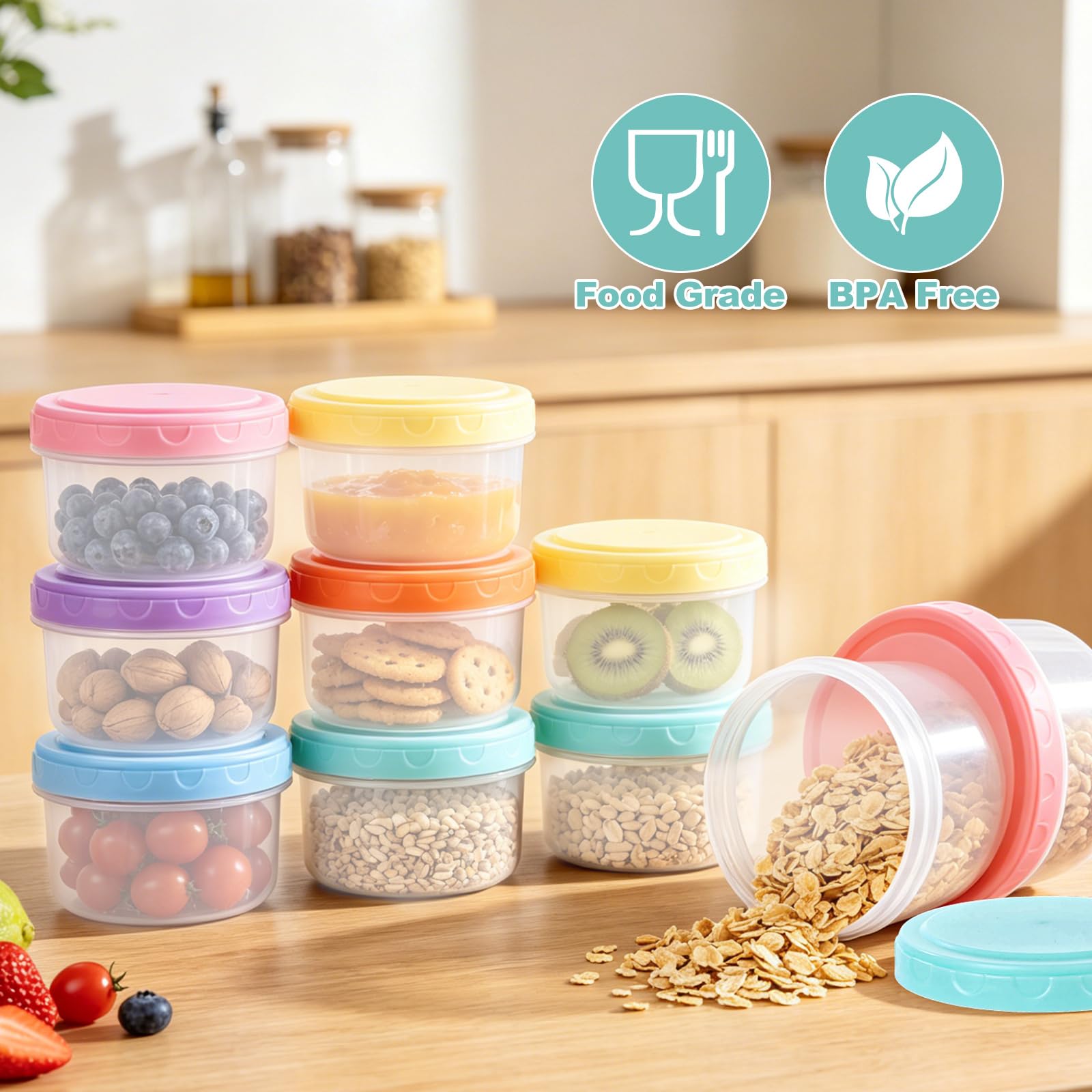 YOUNTHYE Confezione da 24 piccoli contenitori per alimenti con coperchio, 300 ml, riutilizzabili e impilabili, contenitori per alimenti con coperchi colorati per pranzo, frutta, yogurt