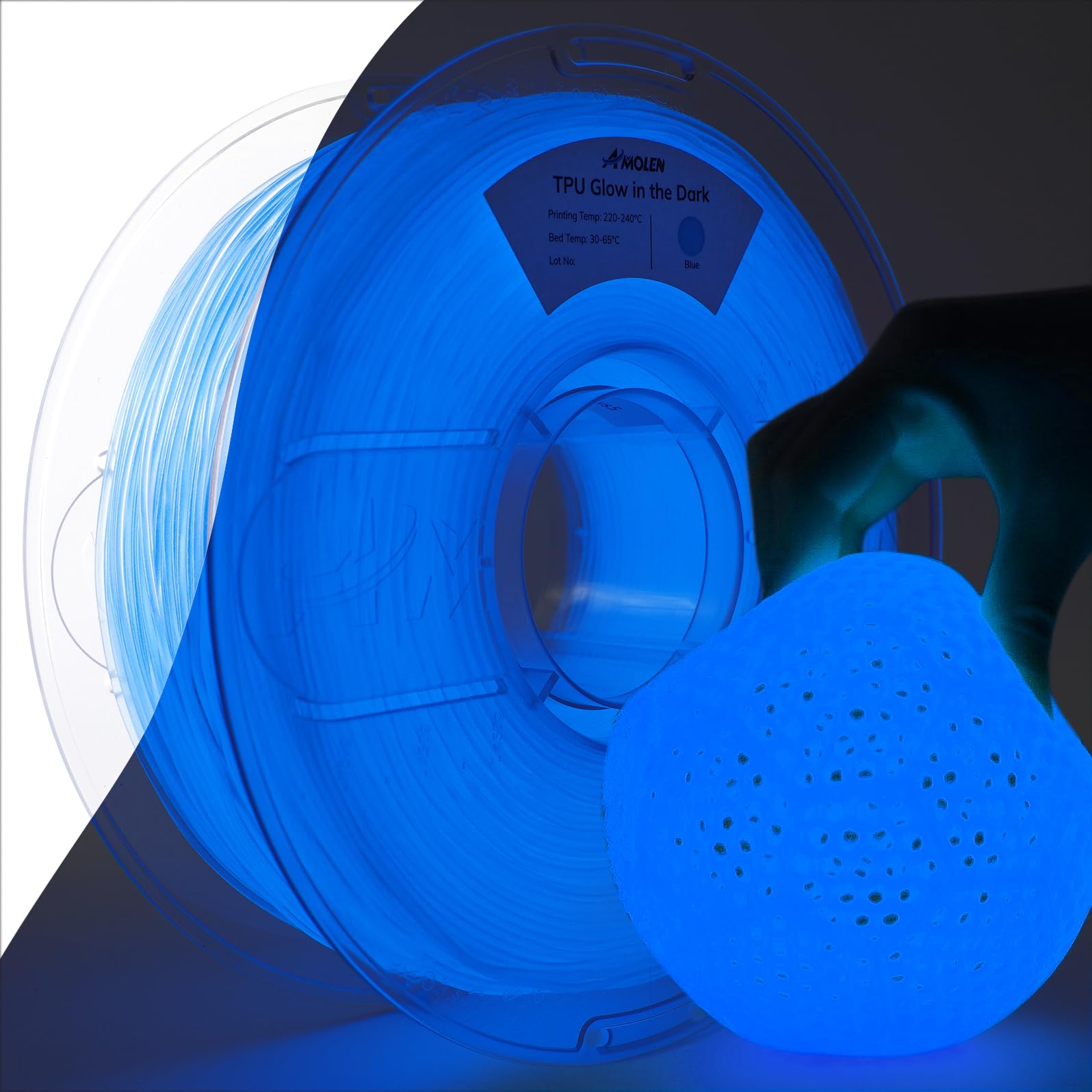 AMOLEN 95A TPU 3D Printer Filament, 1.75mm Glow in The Dark Blue, Soft TPU Flexible 3D Printing Filament, Best with UV Lamps, 1kg Spool, Dimensional